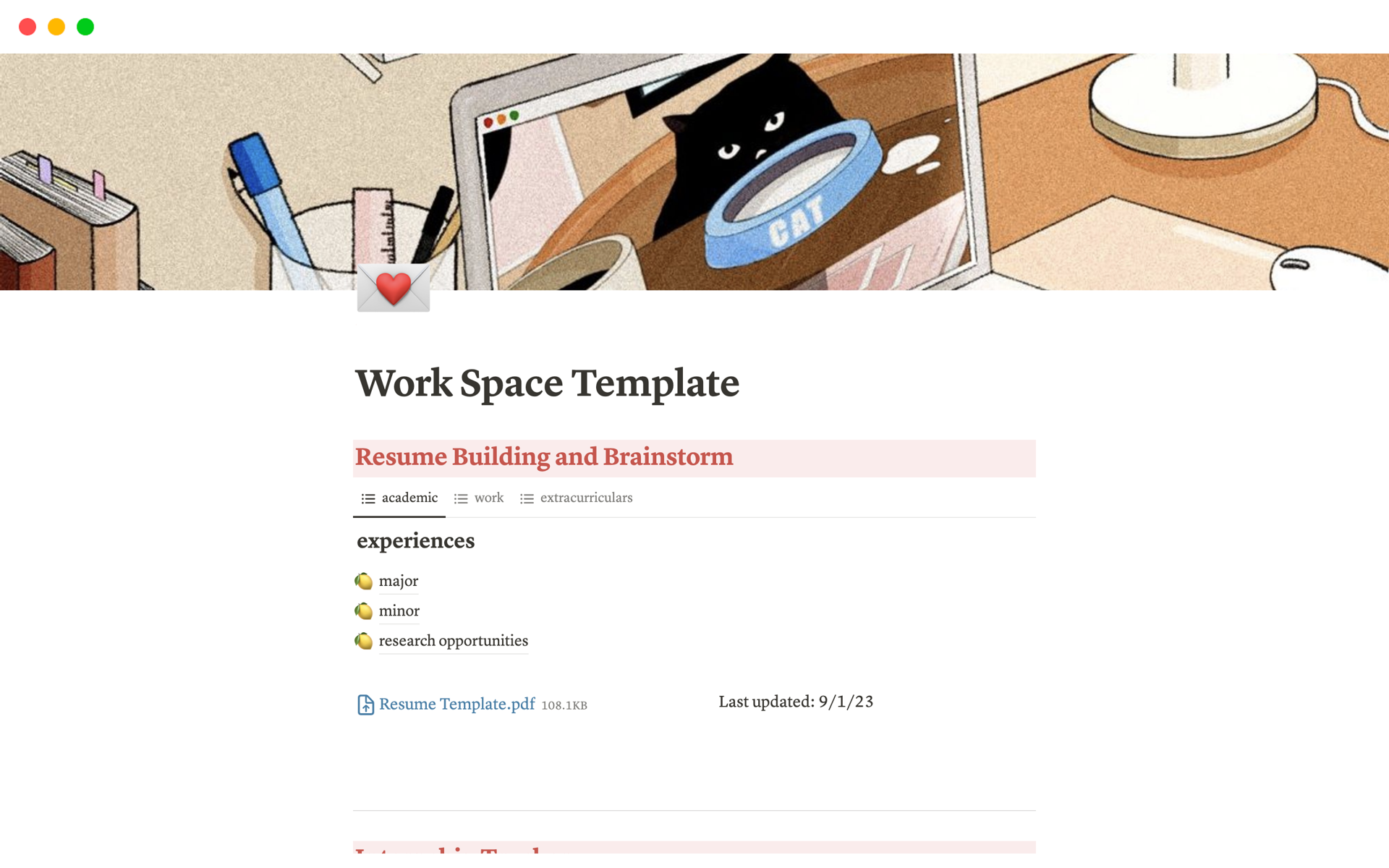 A template preview for Work Space
