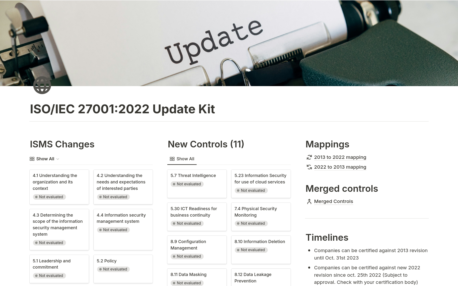 The ISO/IEC 27001:2022 Update Kit includes changes to ISMS, 11 new controls in Annex A, mappings between the 2013 and 2022 revisions, and a list of merged controls.