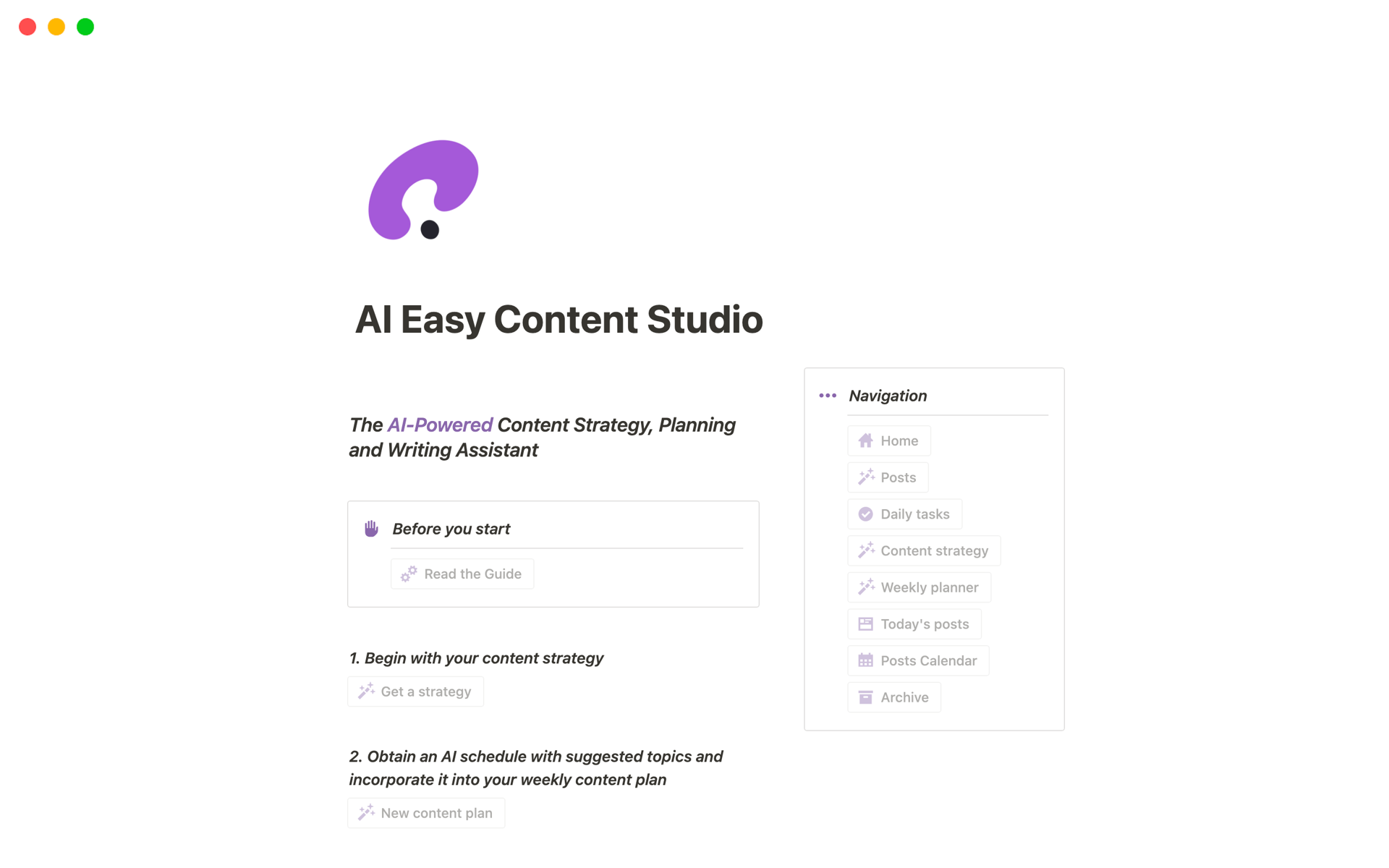 A template preview for AI Easy Content Strategy & Planner Studio