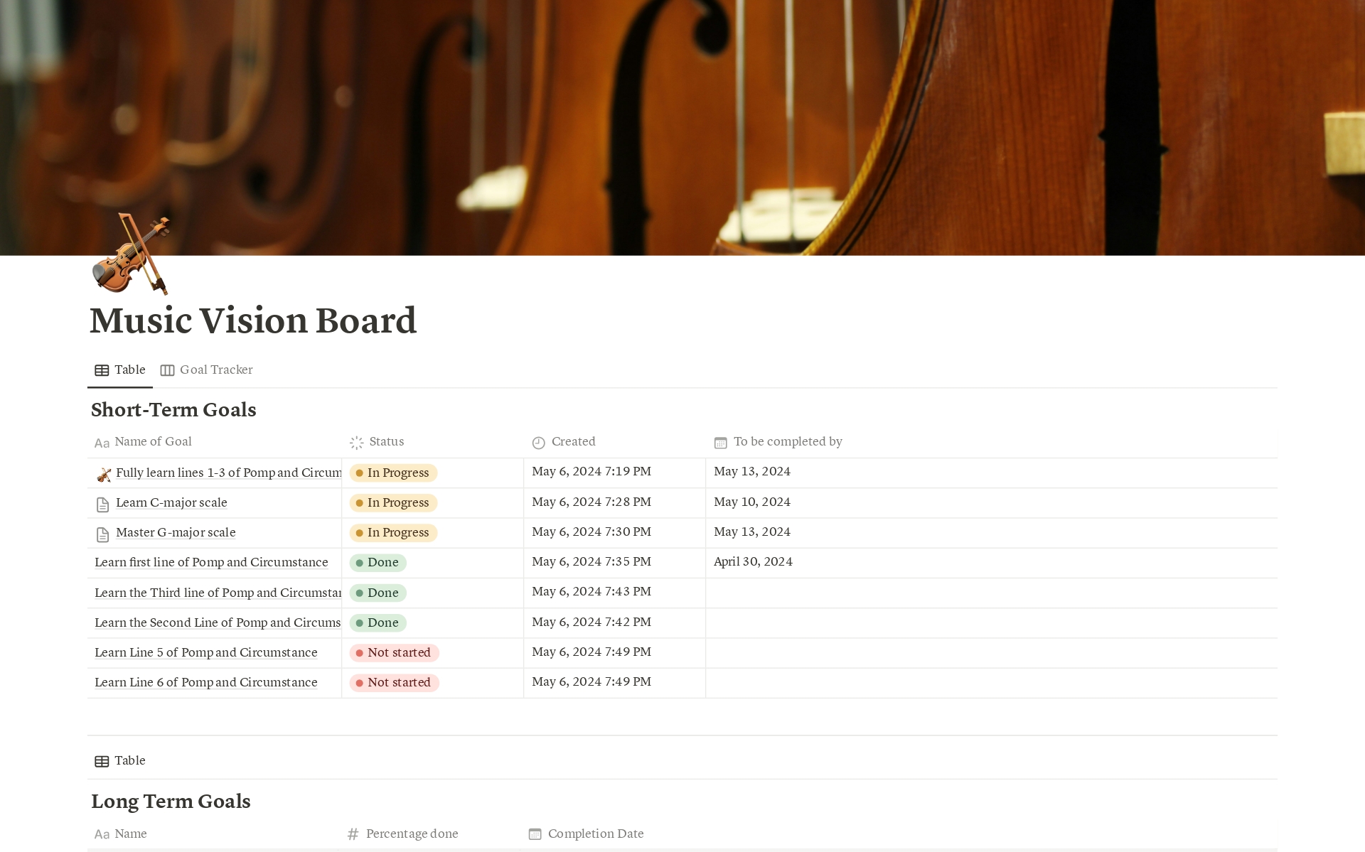 A template preview for Violin Vision Board