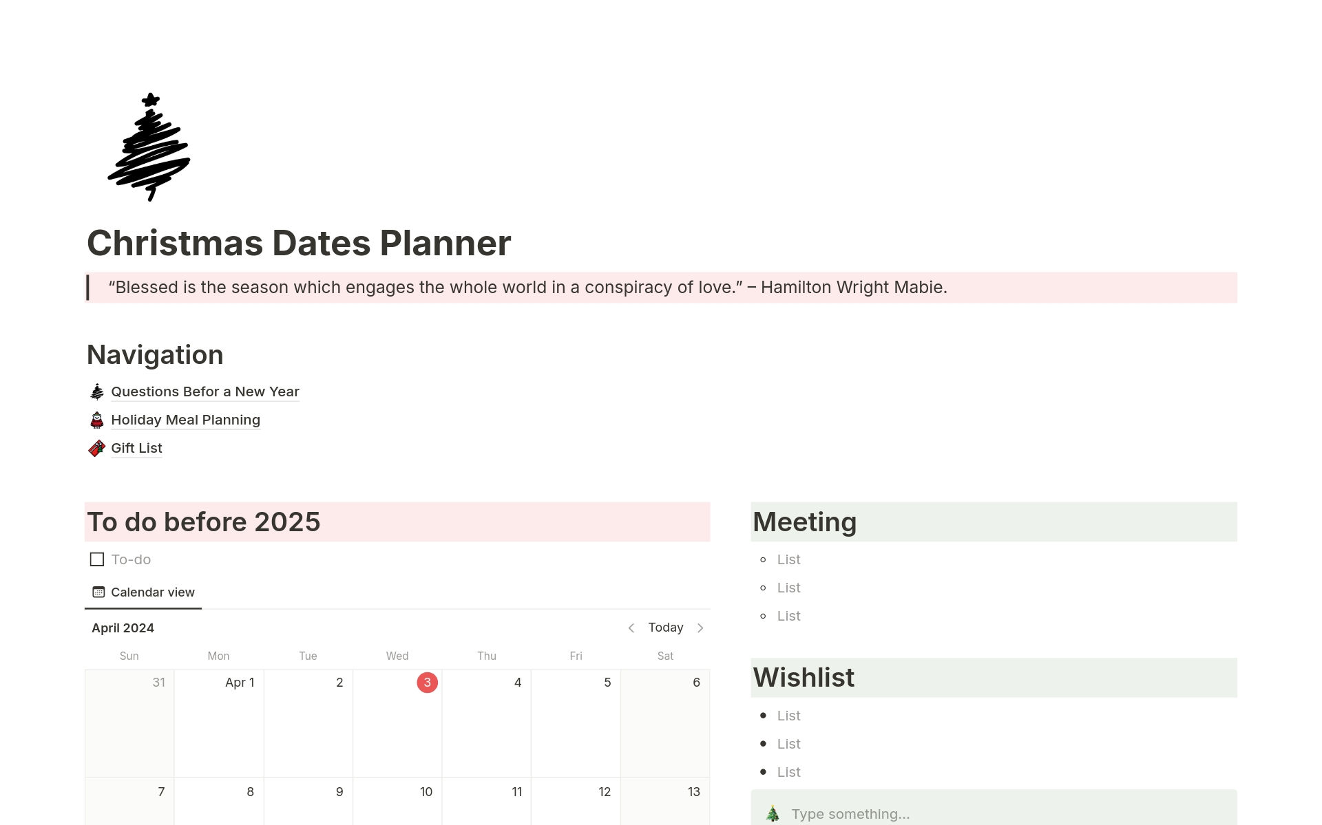 Christmas Dates Planner のテンプレートのプレビュー