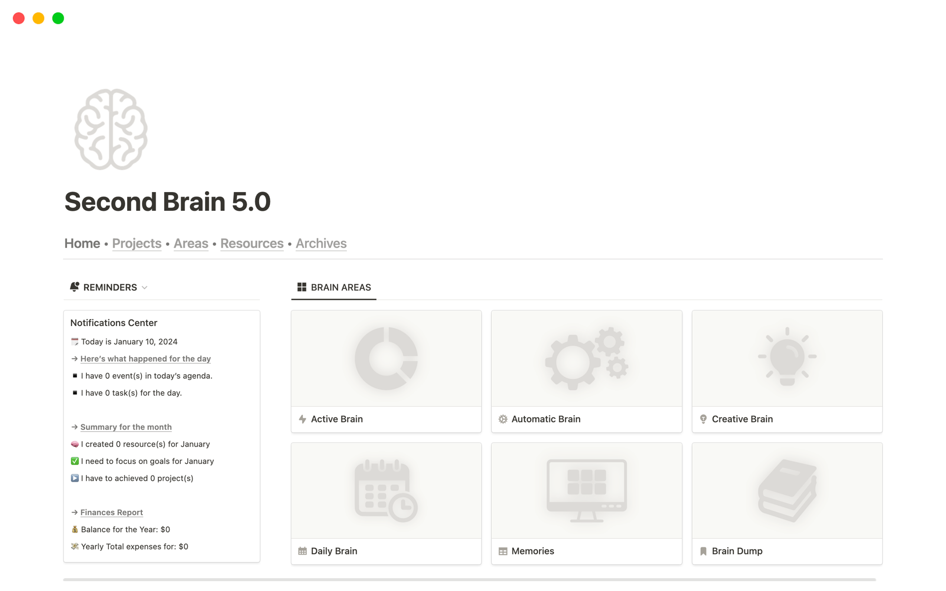 A template preview for Second Brain 5.0