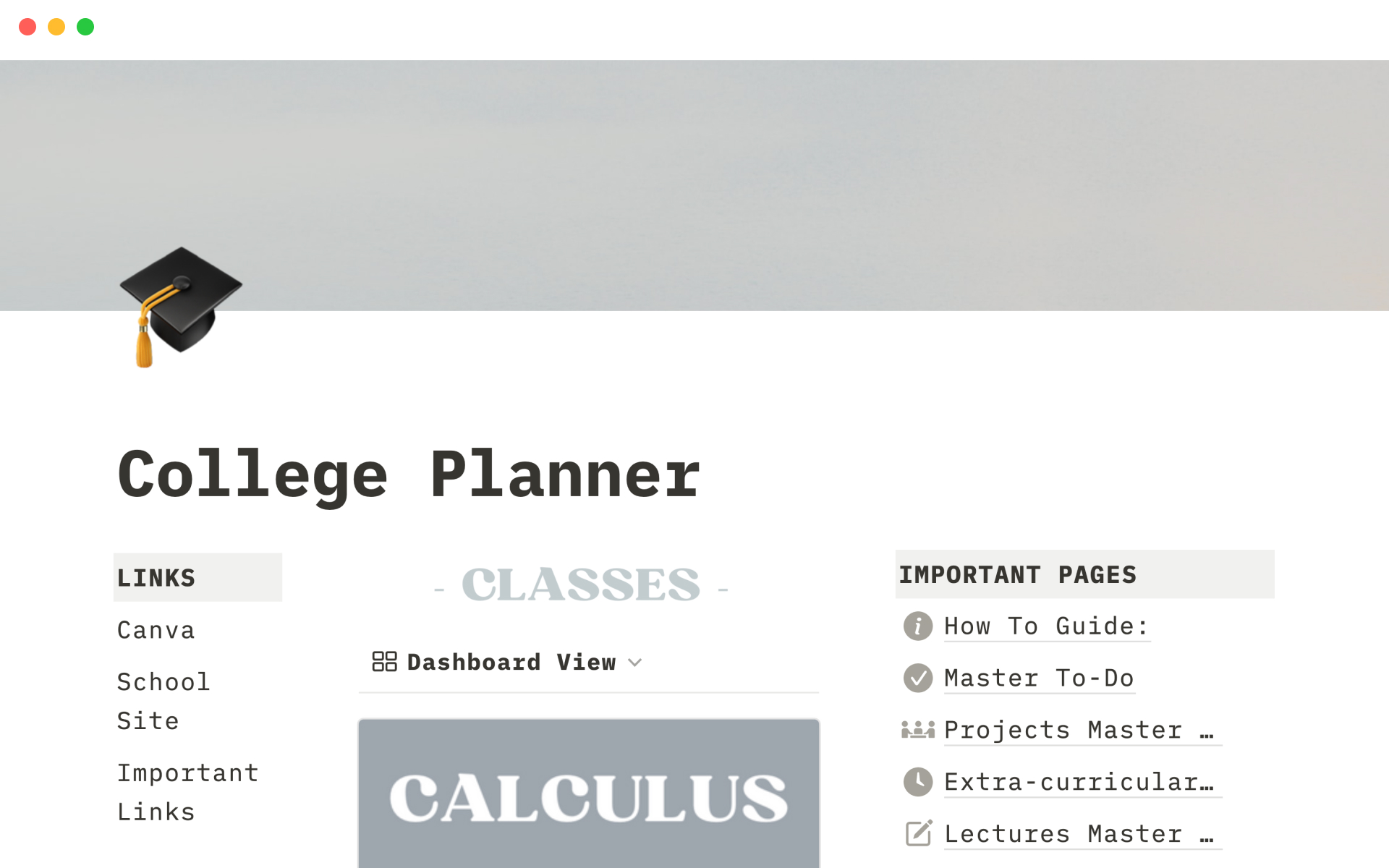 A template preview for College planner
