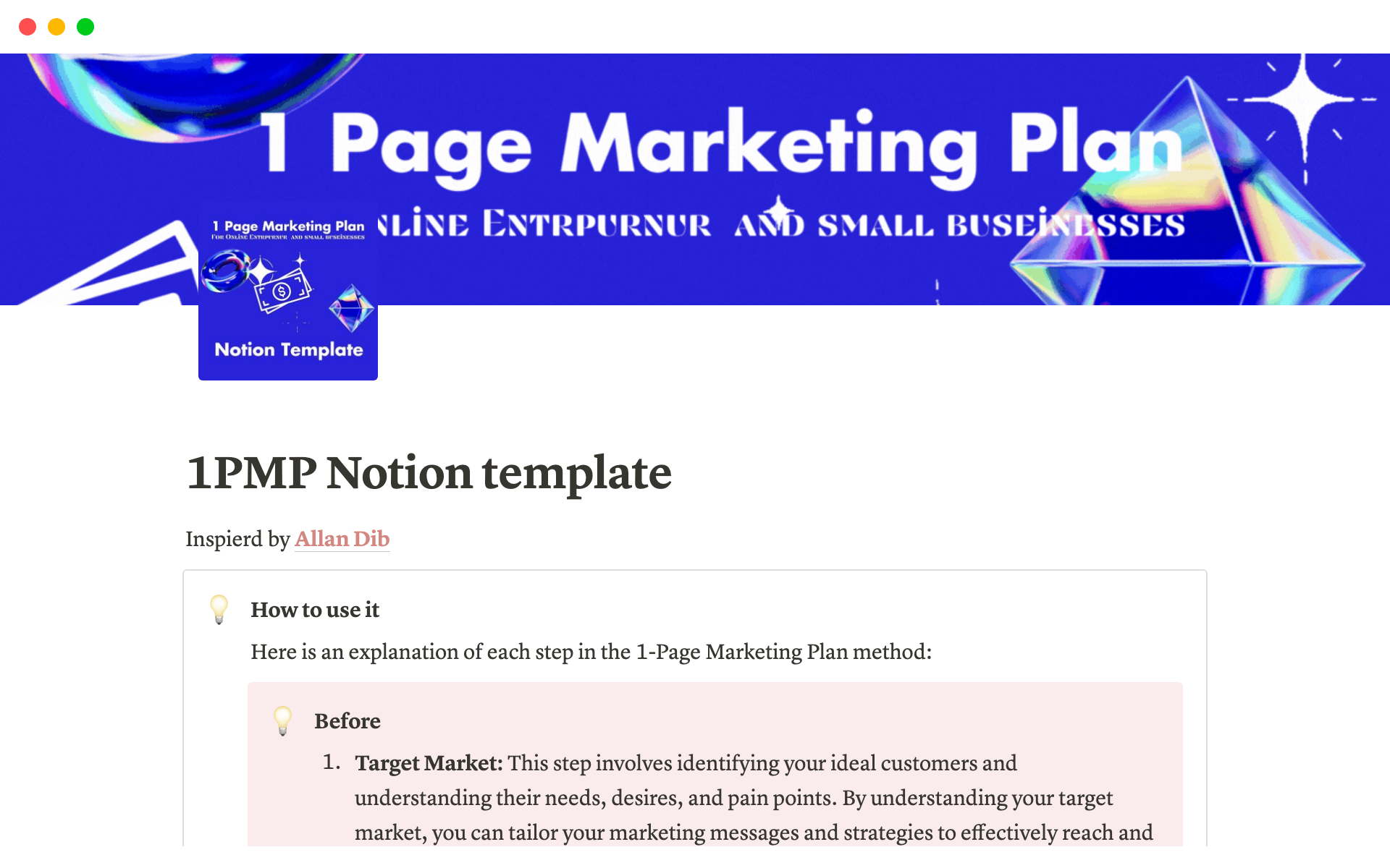 Vista previa de una plantilla para MarketBoost: The Ultimate 1-Page Marketing Plan Notion Template for Small Online Businesses