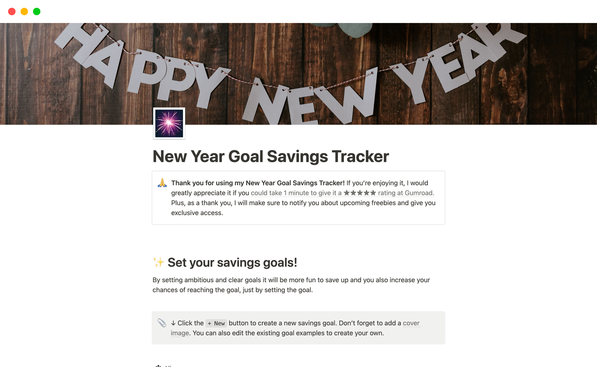 A template preview for New Year's Goal Savings Tracker