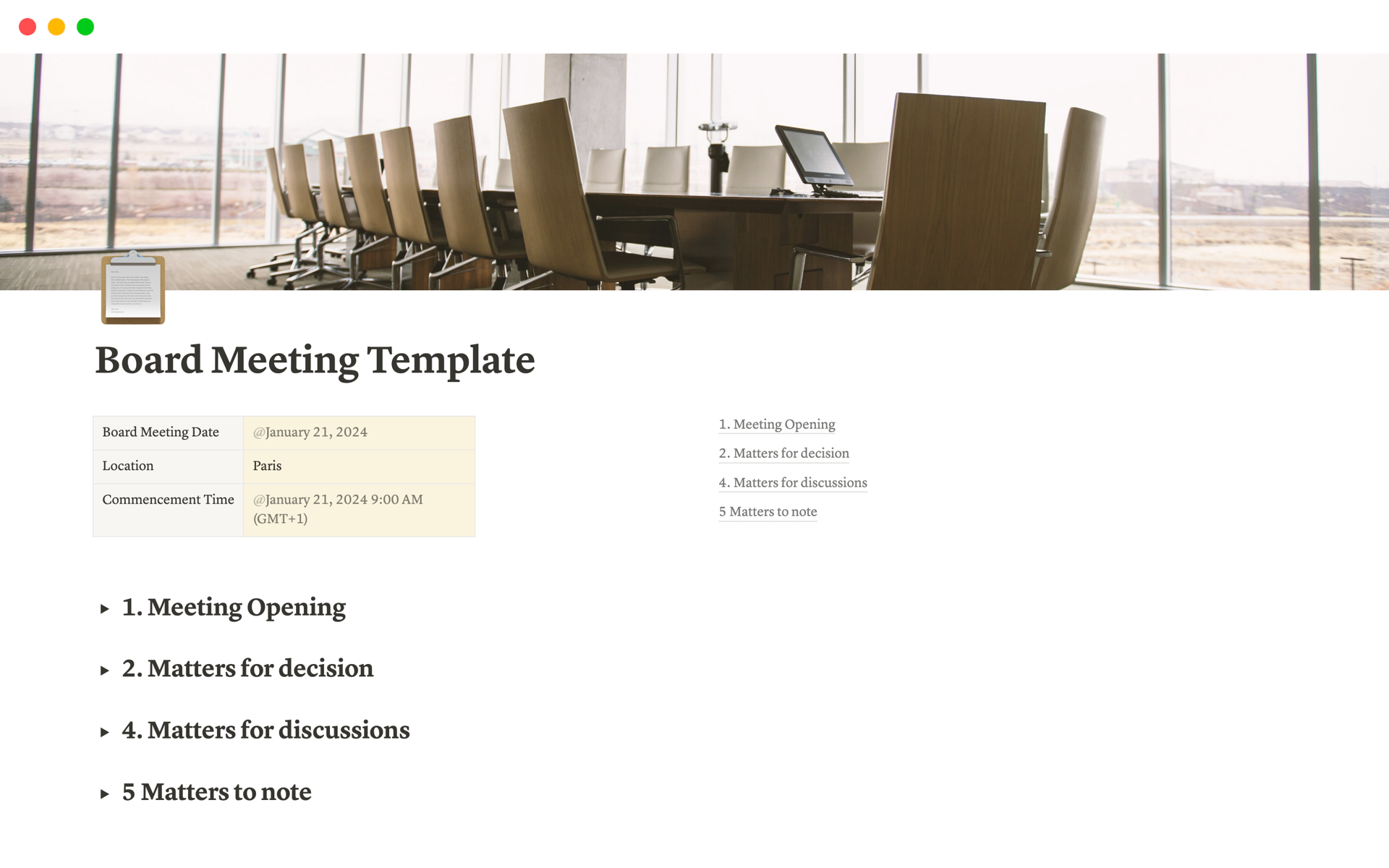 A template preview for Board Meeting for Start-ups