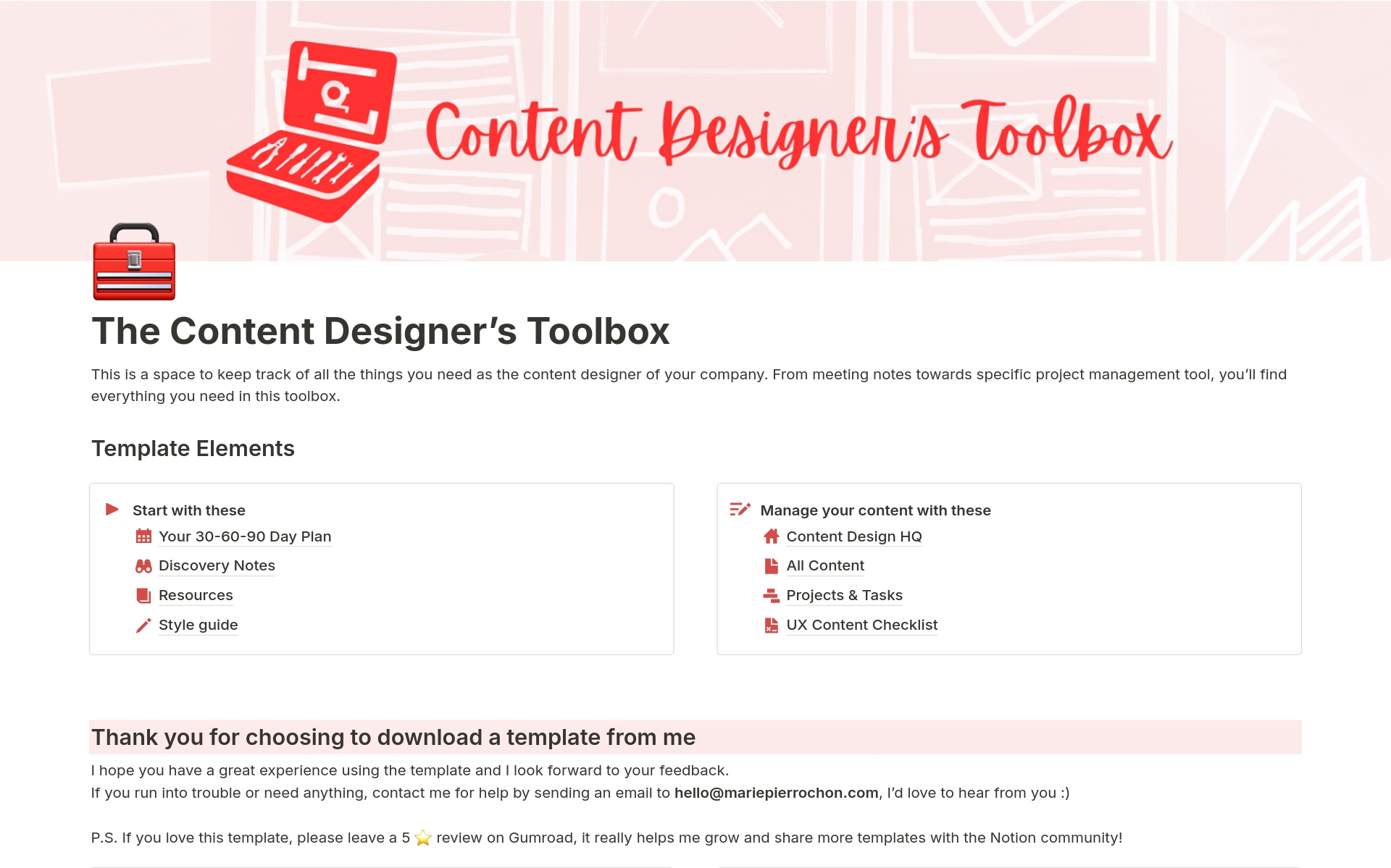 This is a Notion template for people who want to track their UX copywriting content, projects and resources. Includes space for a style guide, discovery notes and UX-related resources. Integrated with a UX editing checklist.