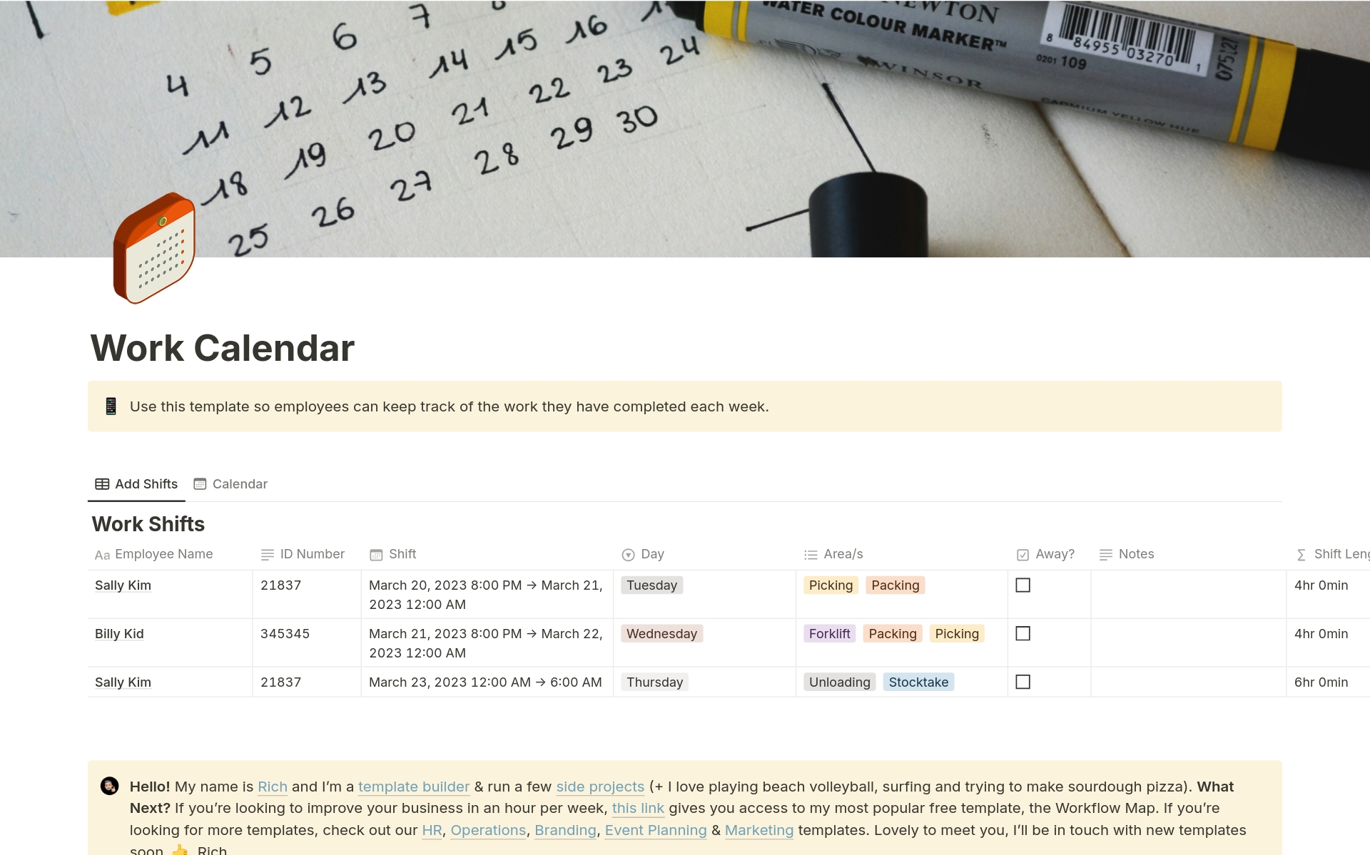 Eine Vorlagenvorschau für Work Calendar