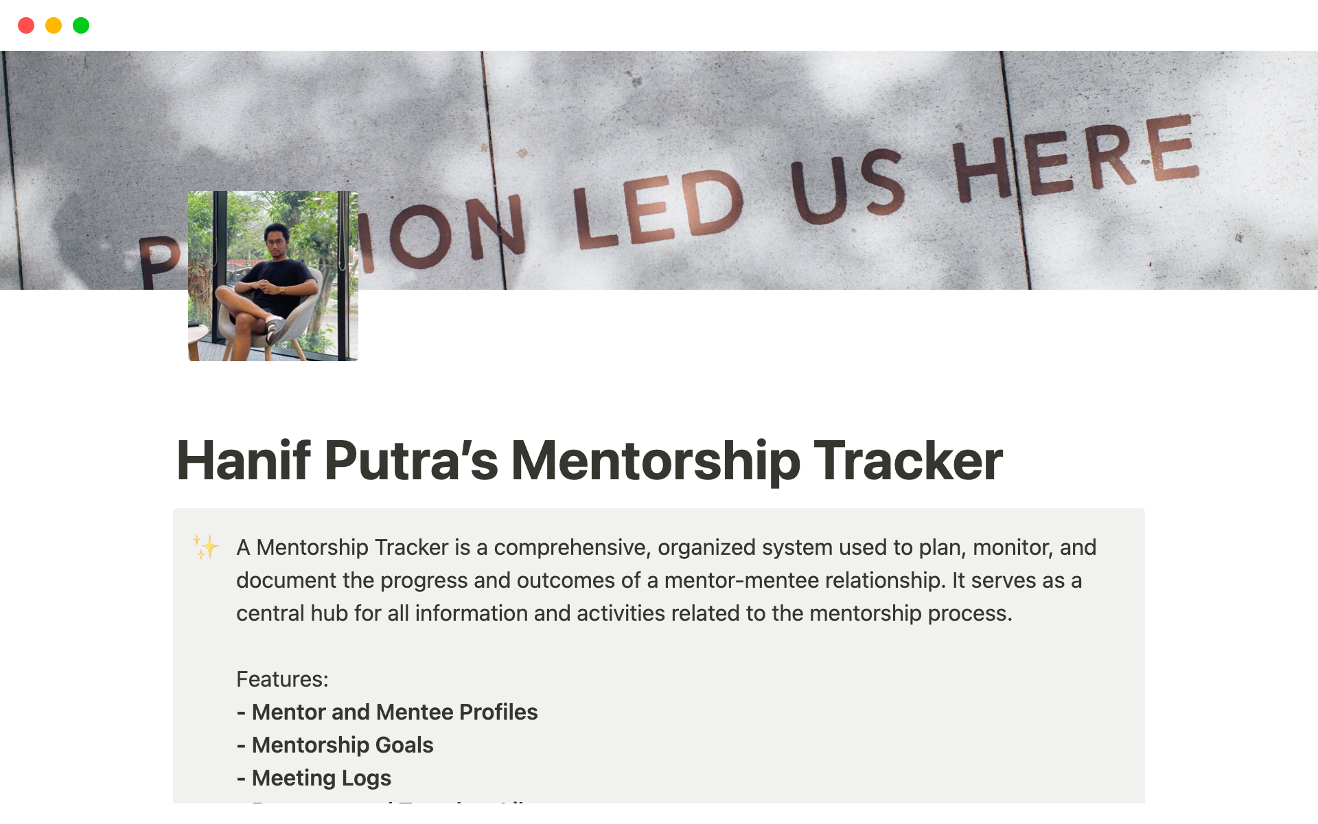 A template preview for Hanif Putra's Mentorship Tracker