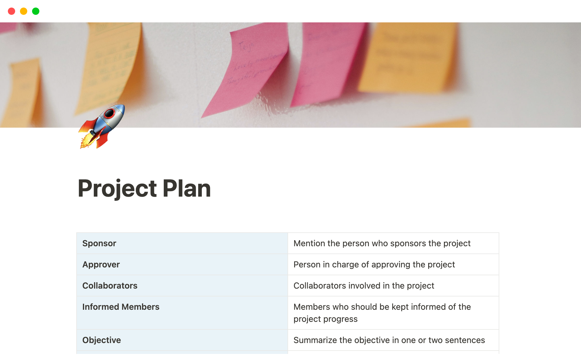 Vista previa de una plantilla para Project Plan Notion Template