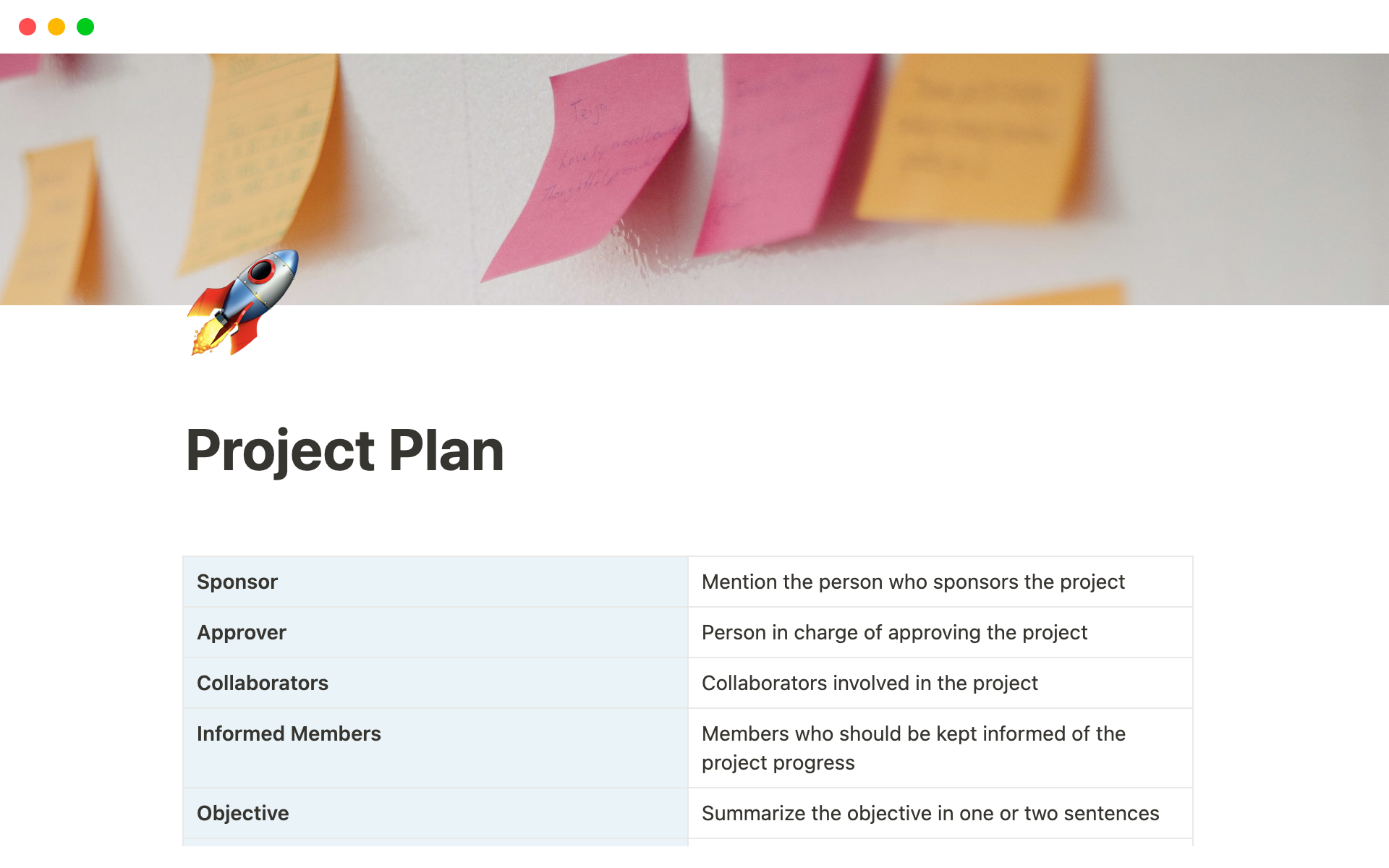 En forhåndsvisning av mal for Project Plan Notion Template