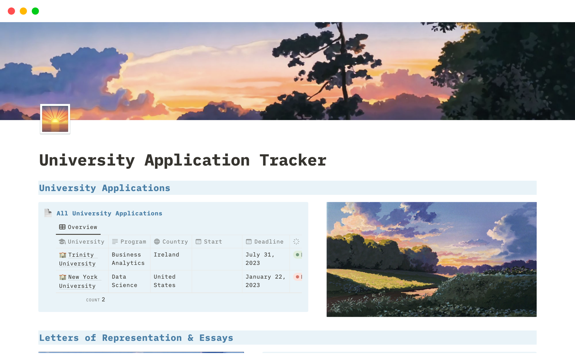 A template preview for Sunset Serenity University Application Tracker