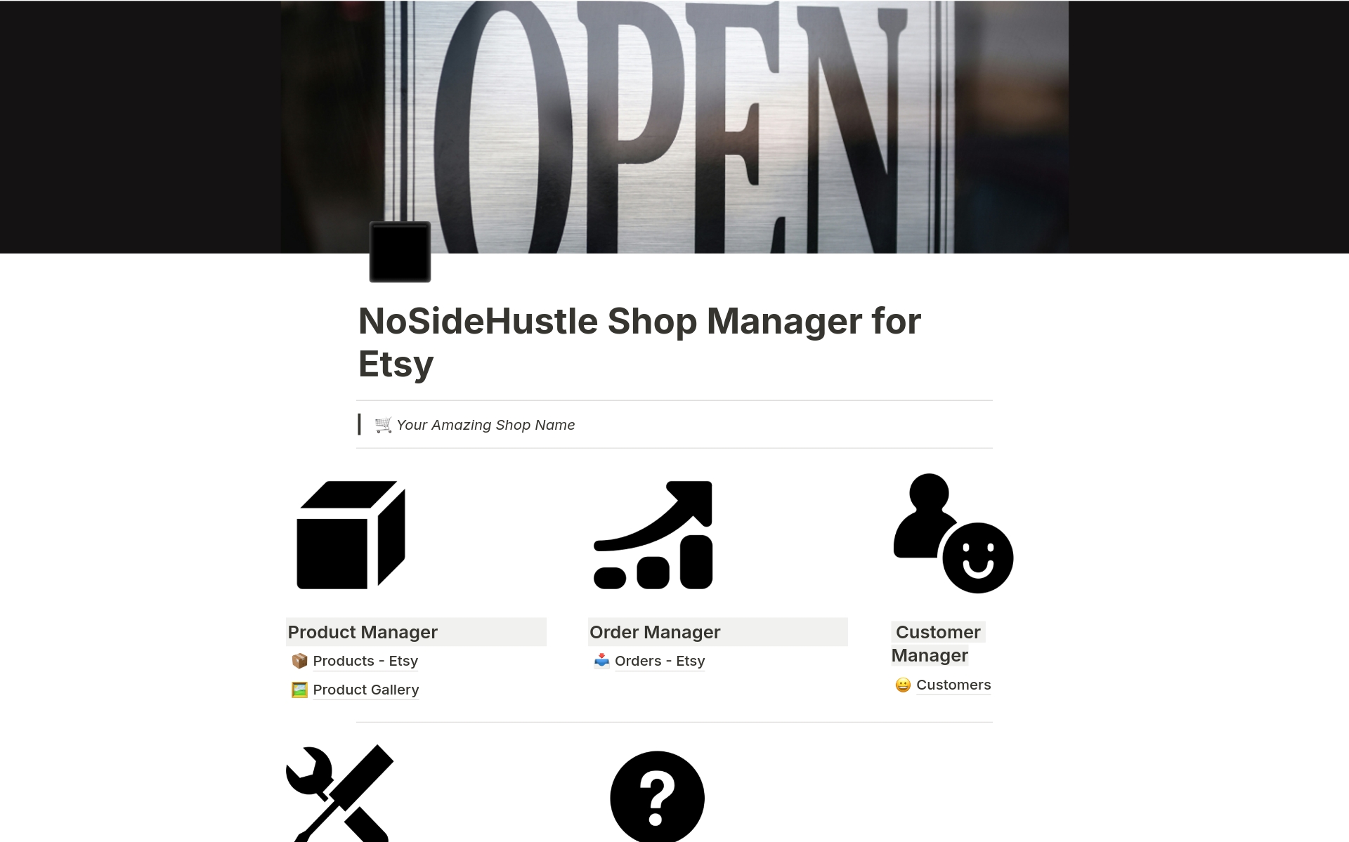Vista previa de una plantilla para NoSideHustle Shop Manager for Etsy