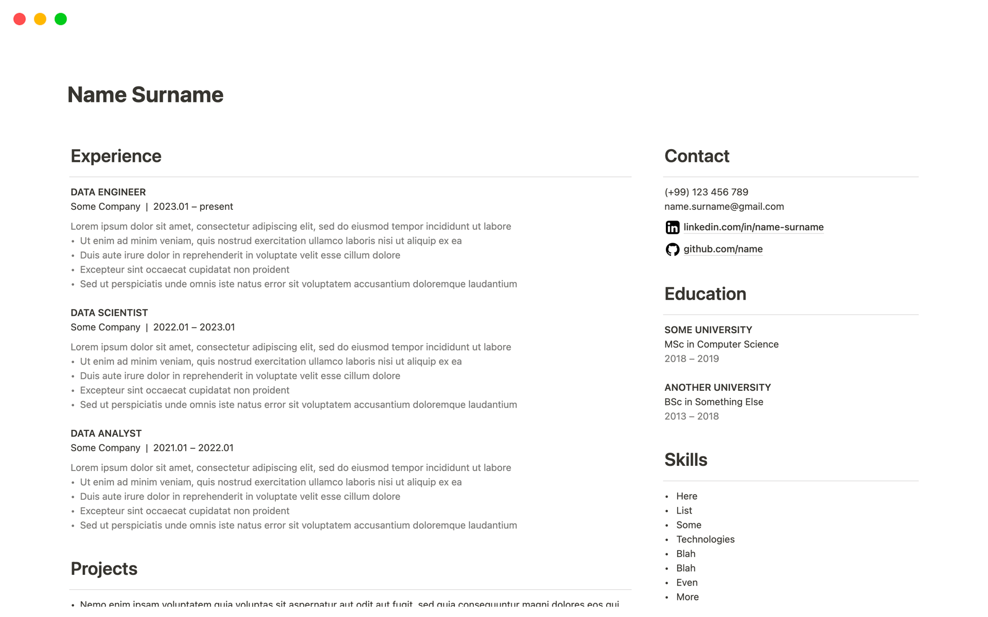 Clear and simple, minimalist resume.
Intended to export as 1-page PDF.