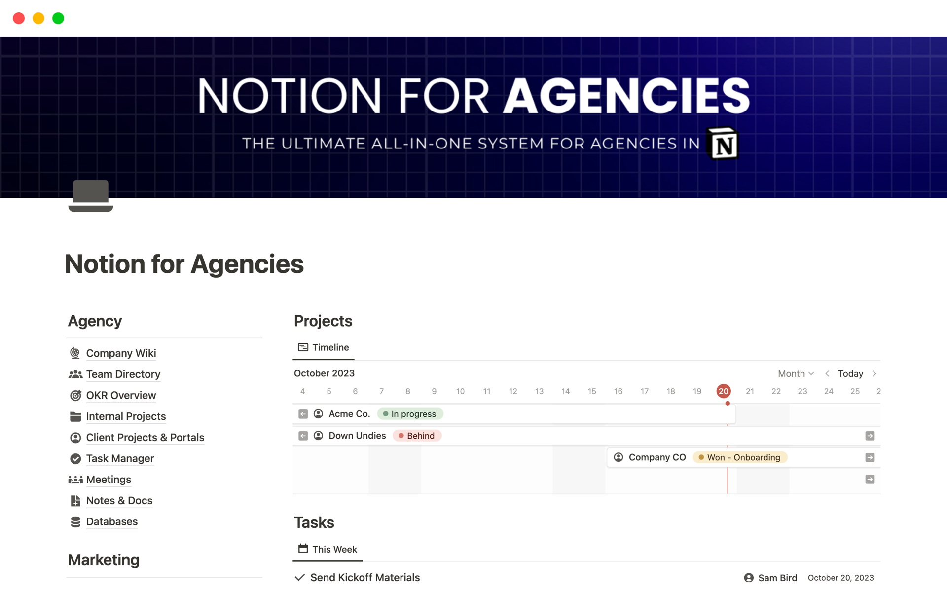 Vista previa de una plantilla para Notion for Agencies