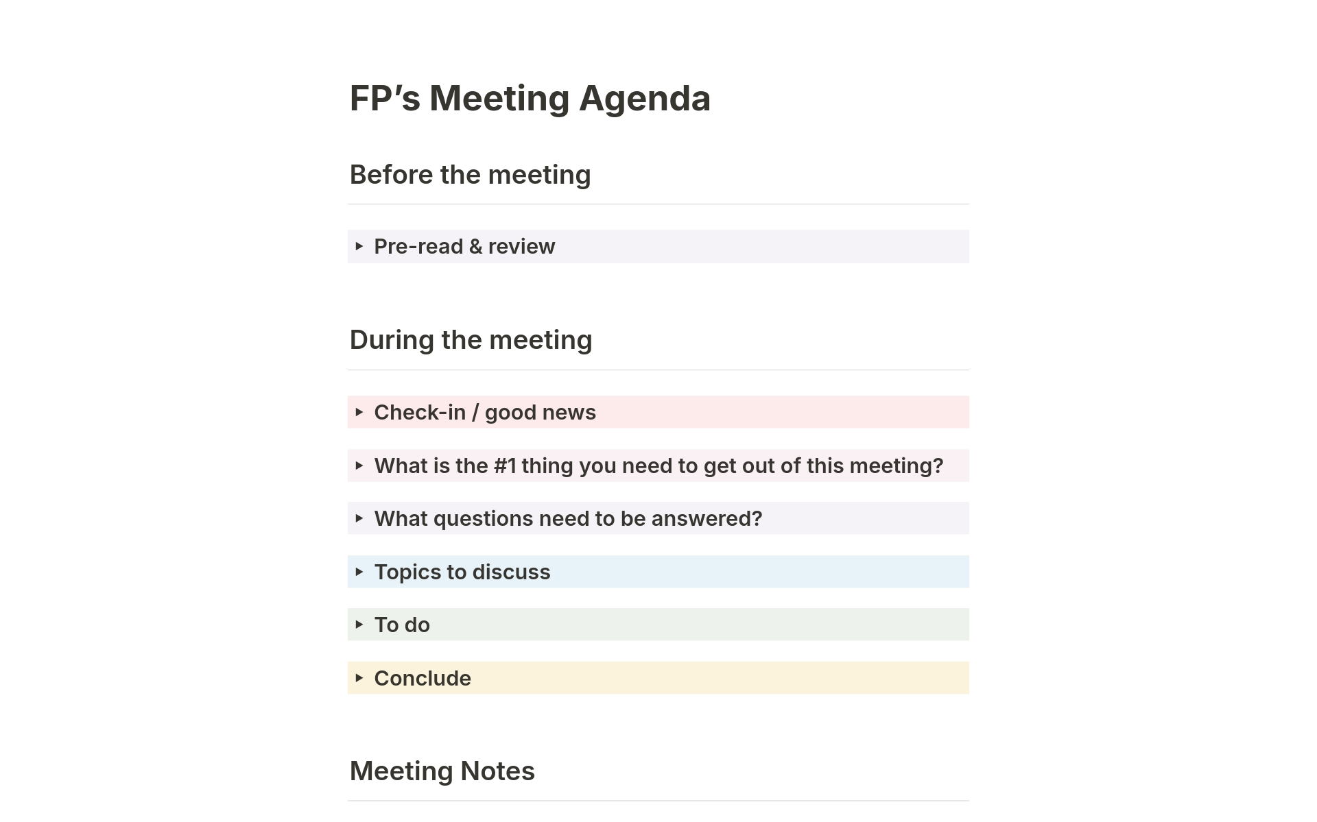 A template preview for FP's Meeting Agenda 