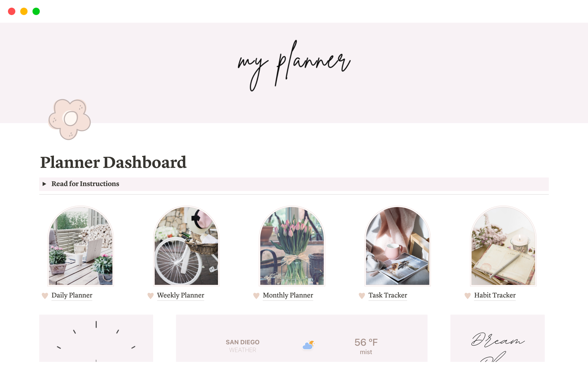 A template preview for Planner Dashboard for girls