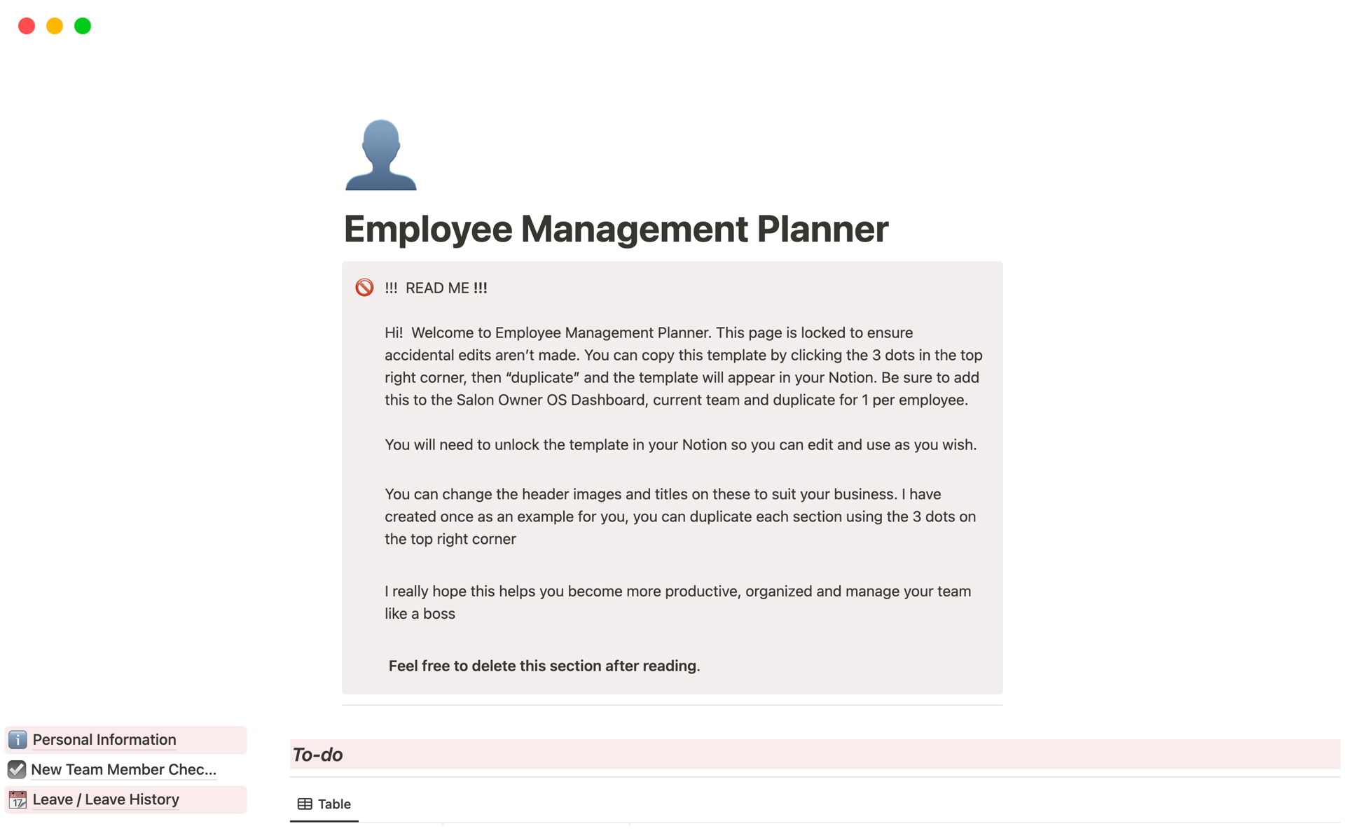 A template preview for Employee Management Planner