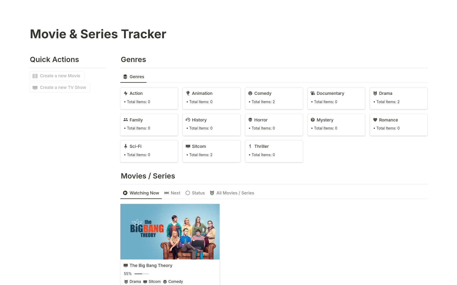 En forhåndsvisning av mal for Movie & Series Tracker