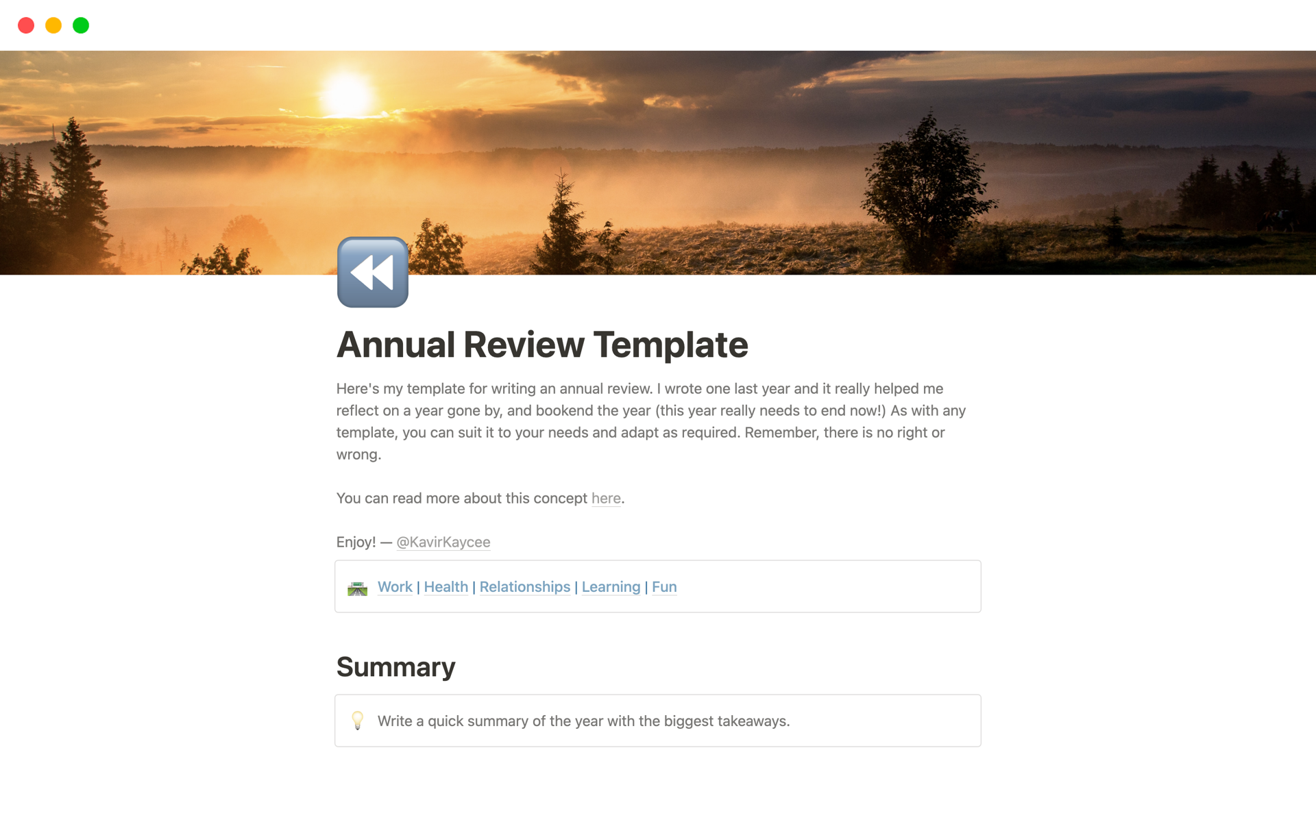 A template preview for Personal Annual Review