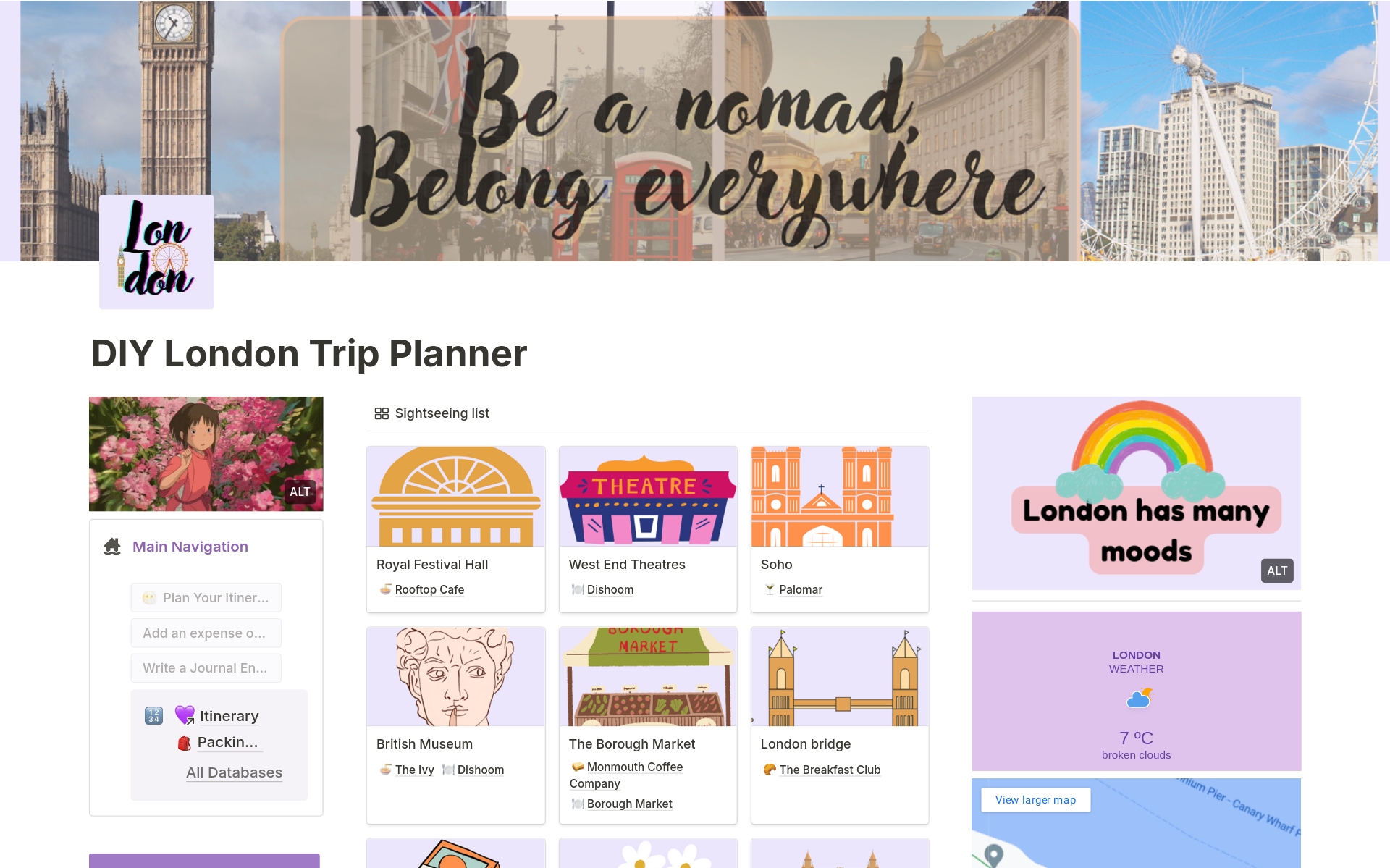 DIY London Trip Plannerのテンプレートのプレビュー