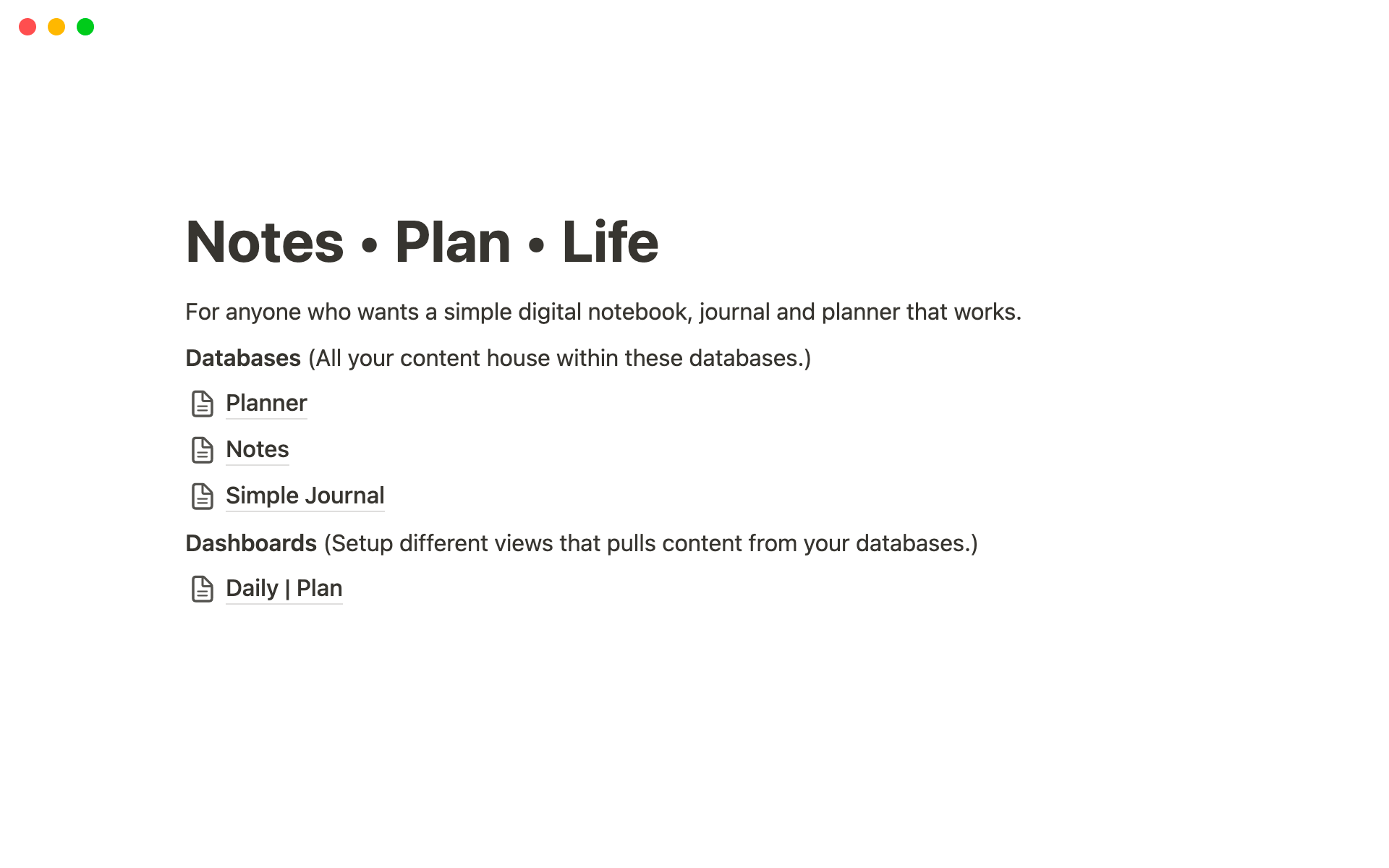 A template preview for Notes • Plan • Life | Simple integrated Notion planner