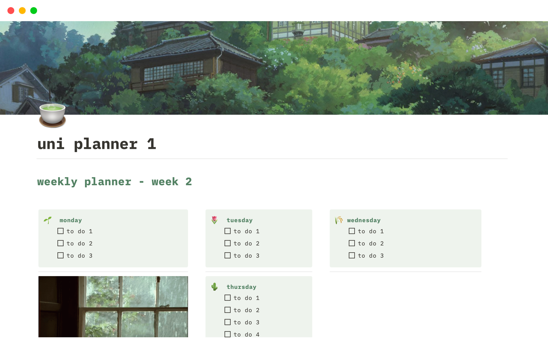 An aesthetic and calming green-themed planner for students to manage weekly activities, study progress and assignments related to school/university.