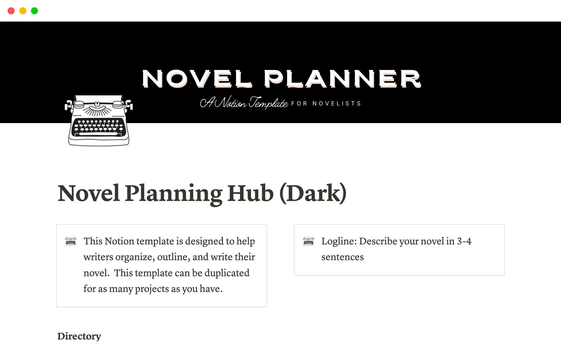 A template preview for Novel Planner in Notion