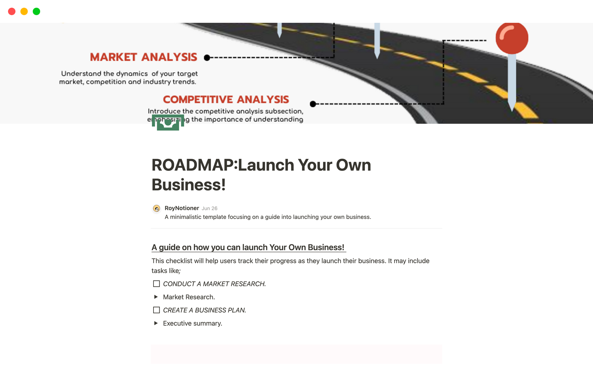 Uma prévia do modelo para ROADMAP:Launch Your Own Business!