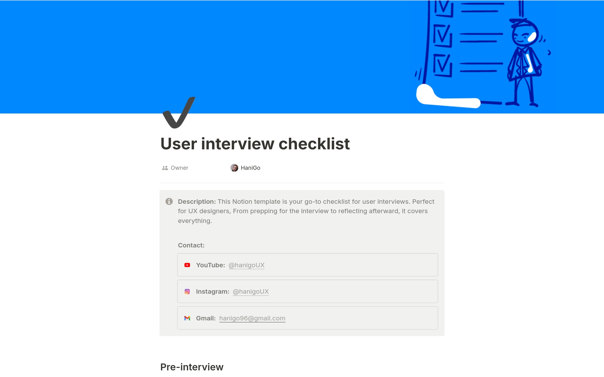 A template preview for User interview checklist