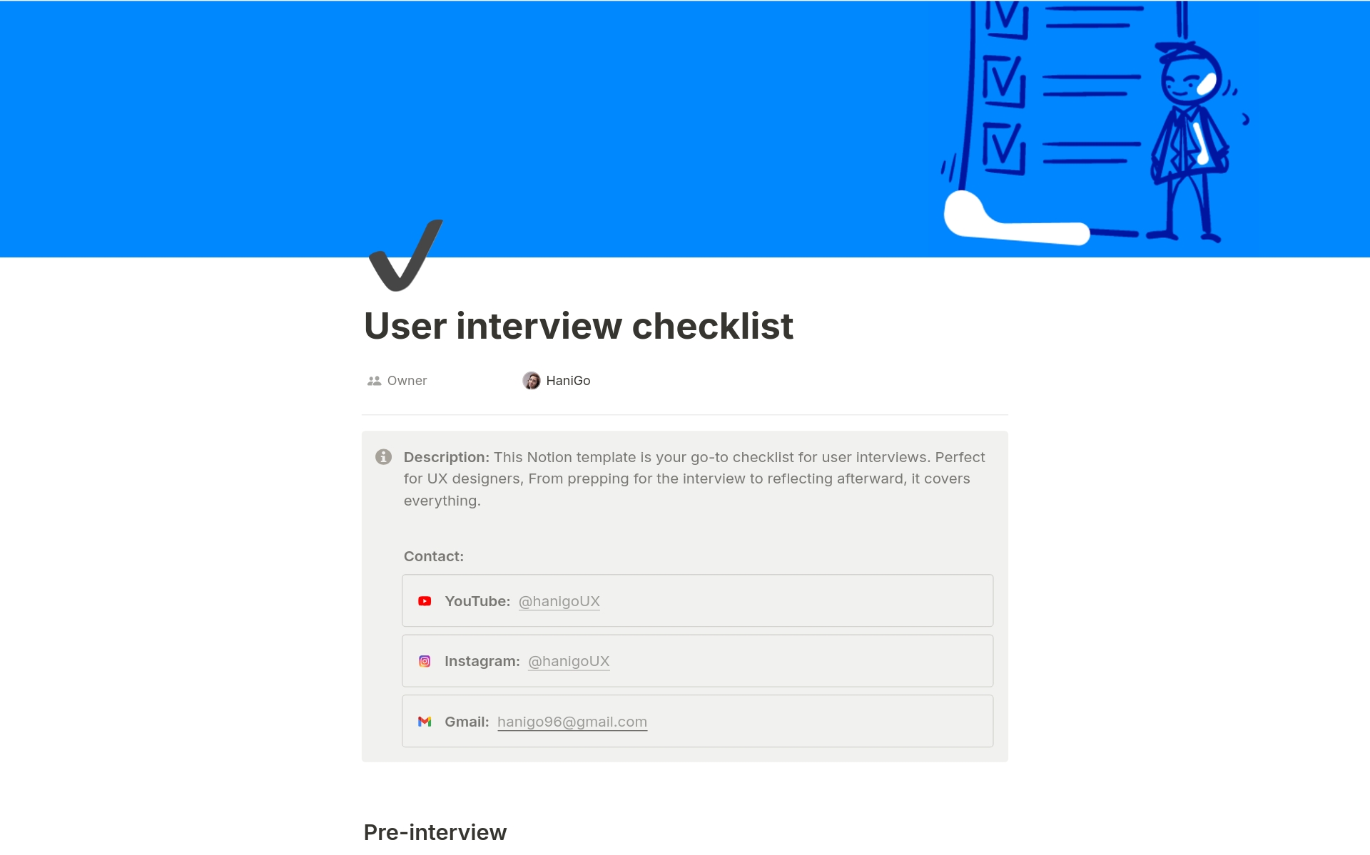 Eine Vorlagenvorschau für User interview checklist