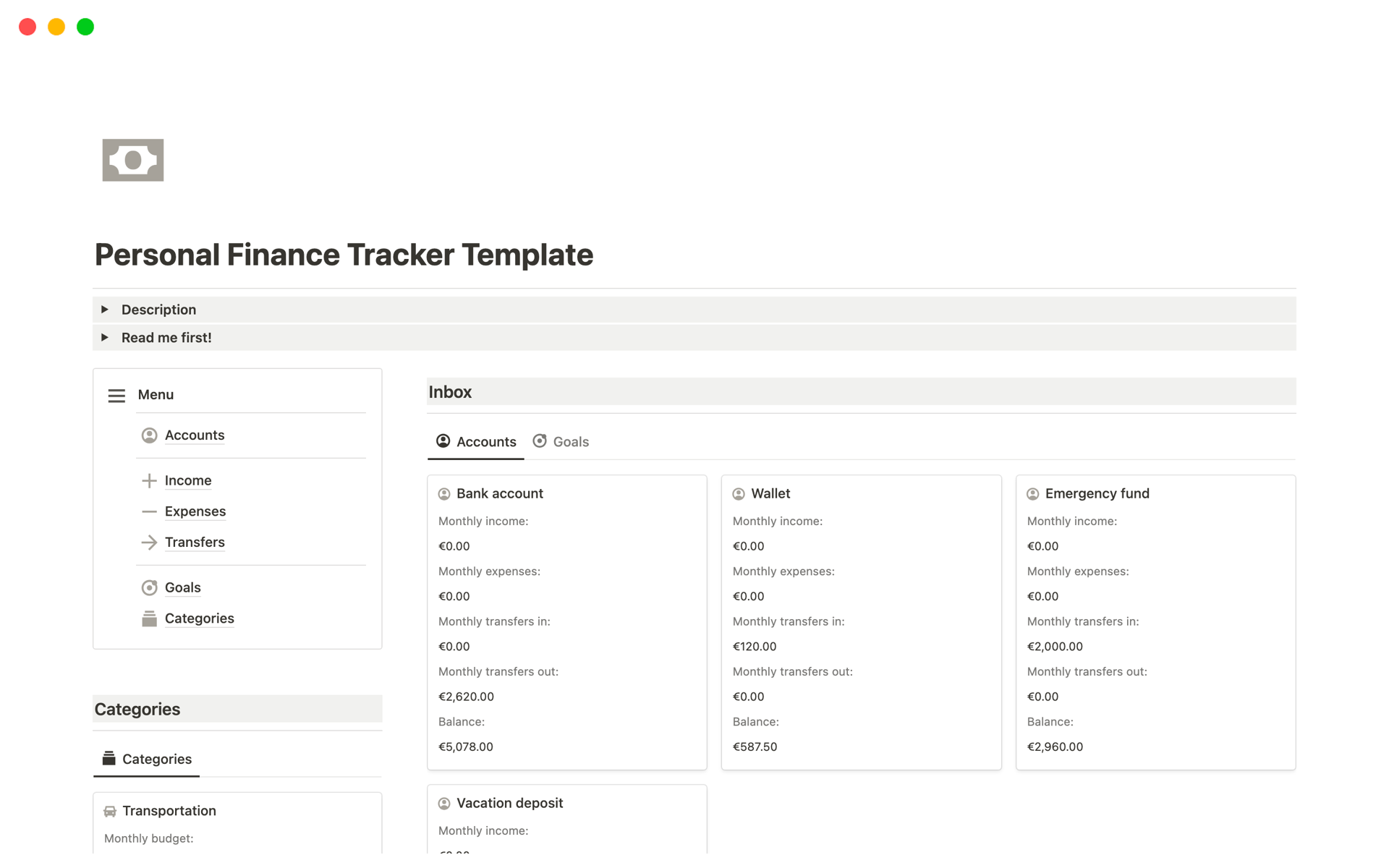 En förhandsgranskning av mallen för Personal Finance Tracker