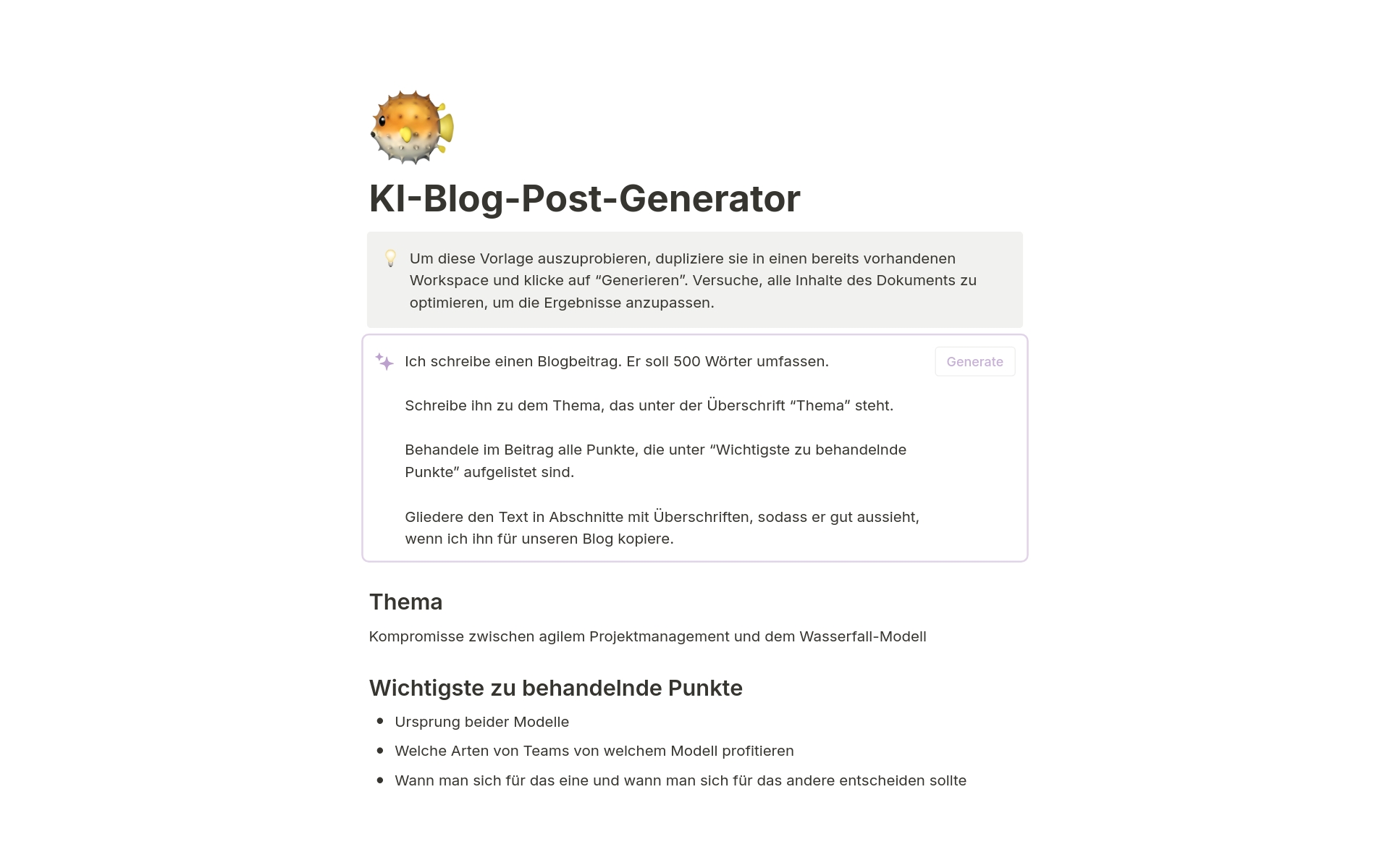 Eine Vorlagenvorschau für KI-Blog-Post-Generator