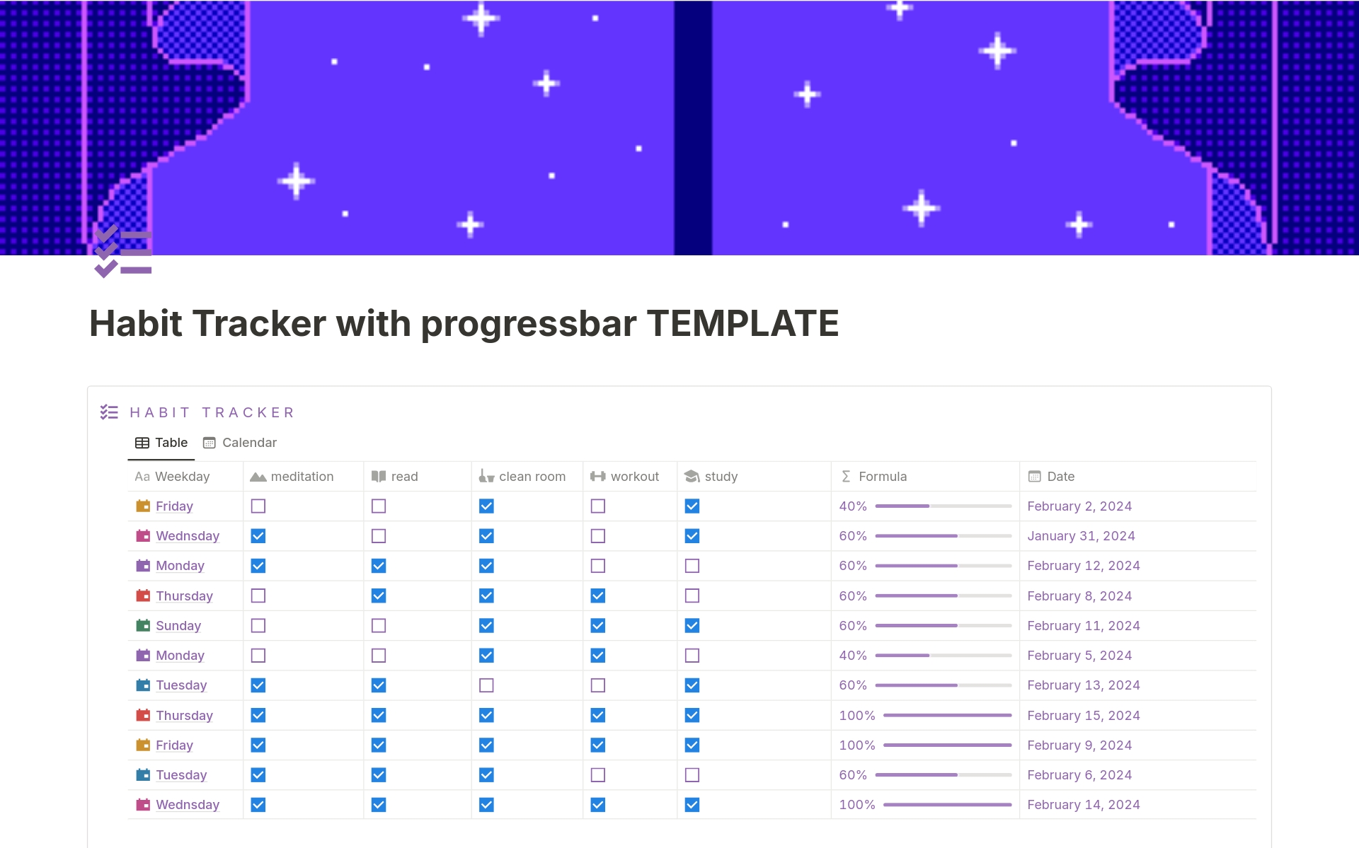 Vista previa de plantilla para Habit Tracker with Progressbar