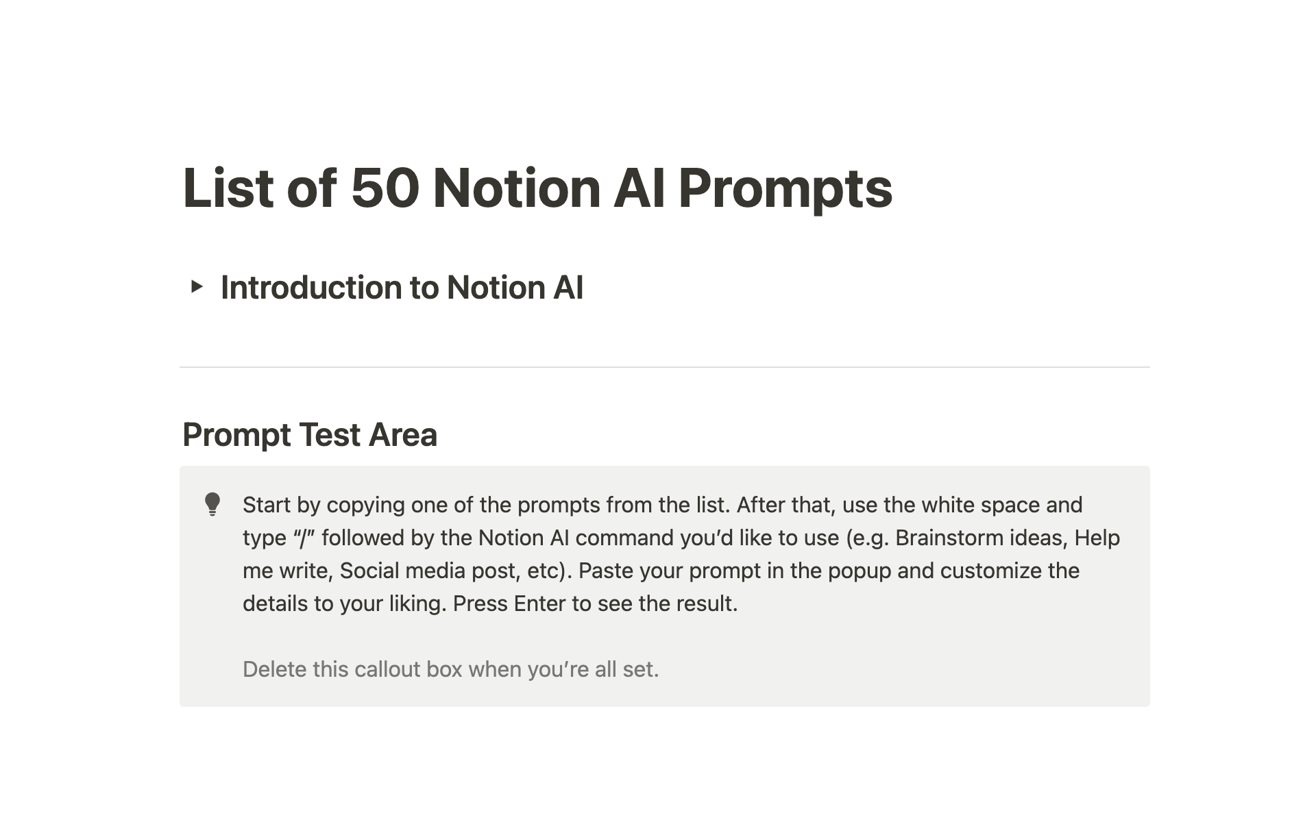A template preview for List of 50 Notion AI Prompts