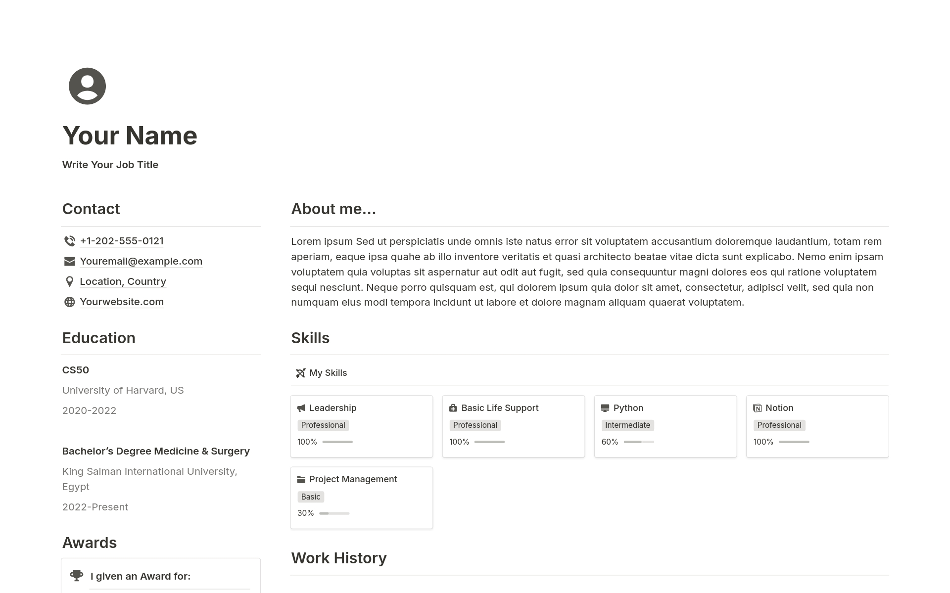 Ready to stand out in your job search? Meet the Minimalist Resume Notion Template—an eye-catching, easy-to-customize tool designed to get you noticed. With sections for Work History, Languages, Skills, Education, Rewards, and Contact, it's your ticket to showcasing your potential