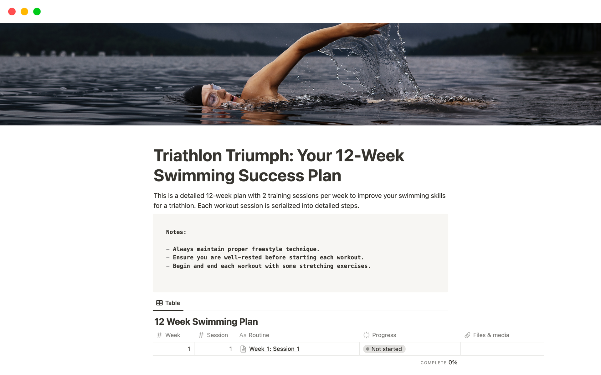 A template preview for Triathlon Triumph: Your 12-Week Swimming Plan