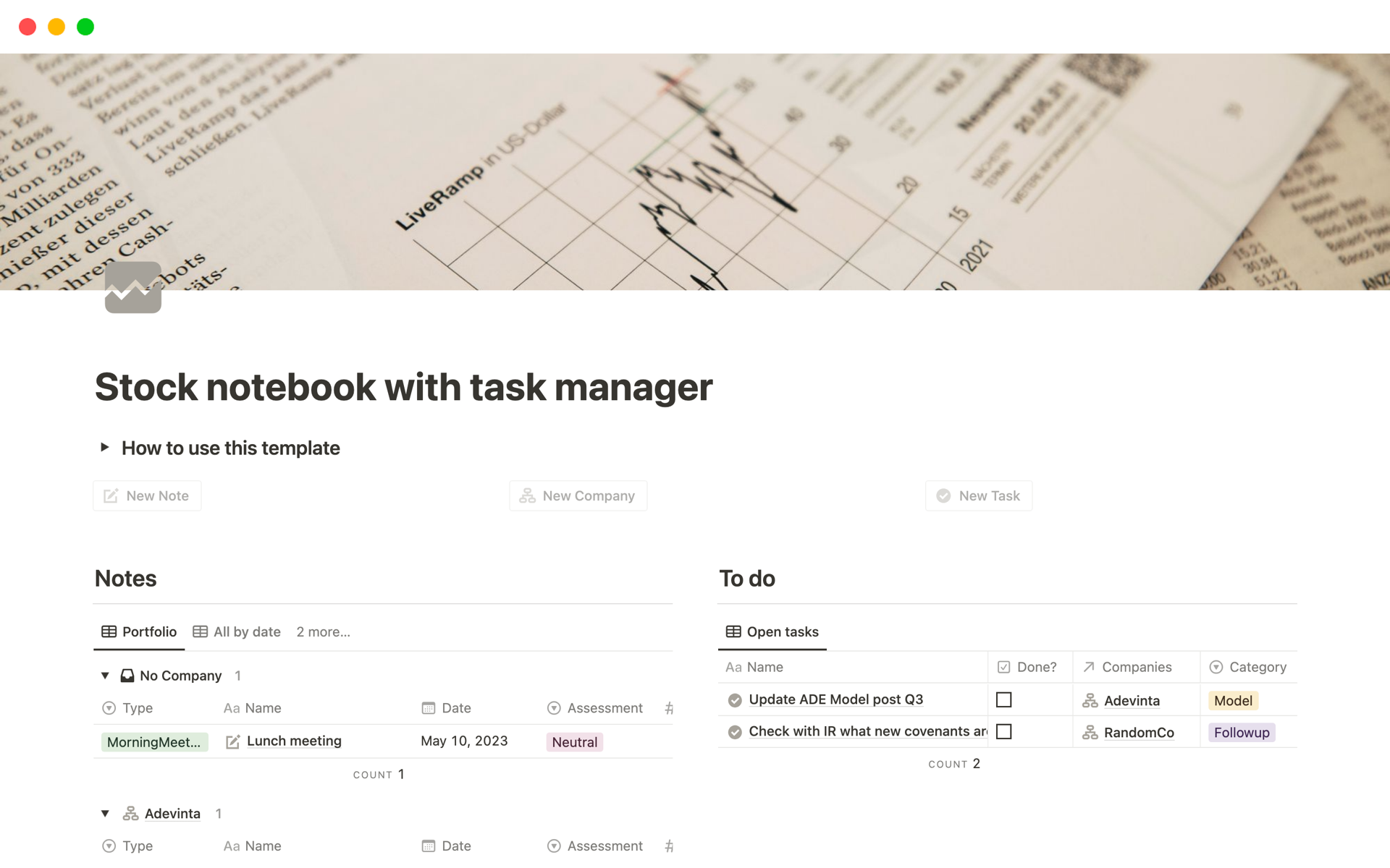 A template preview for Stock notebook with task manager