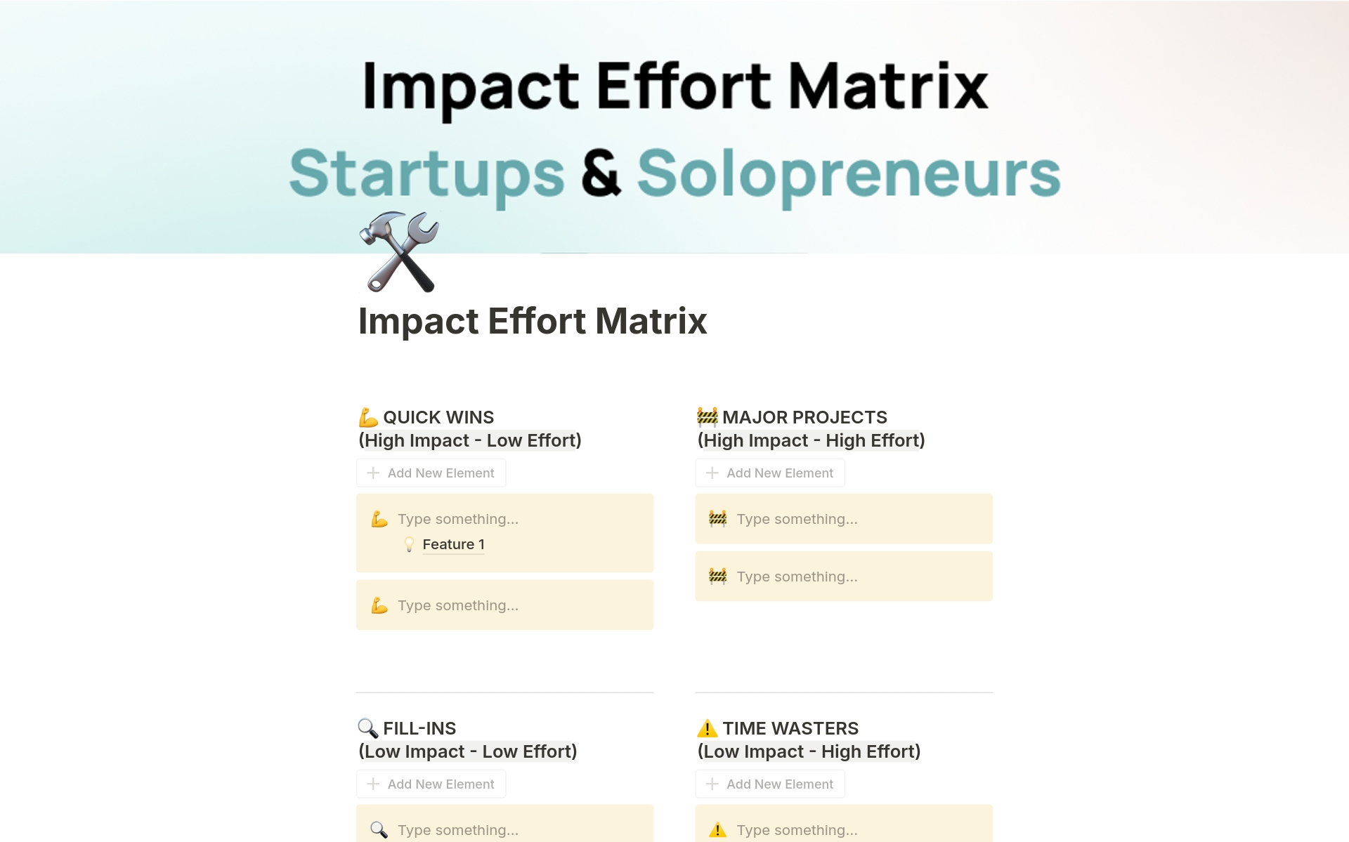 En förhandsgranskning av mallen för Impact Effort Matrix for Startups & Solopreneurs