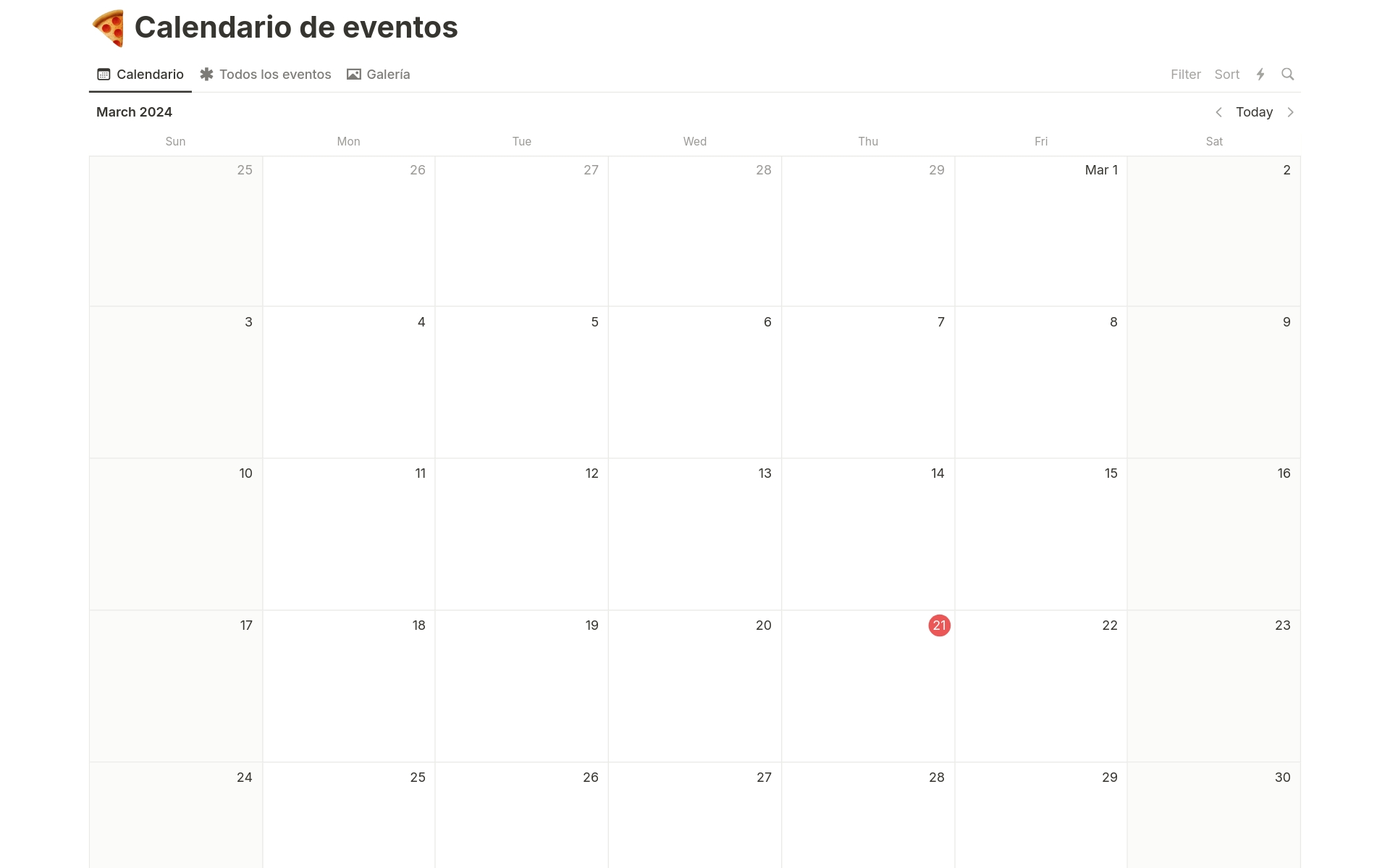 Vista previa de una plantilla para Calendario de eventos