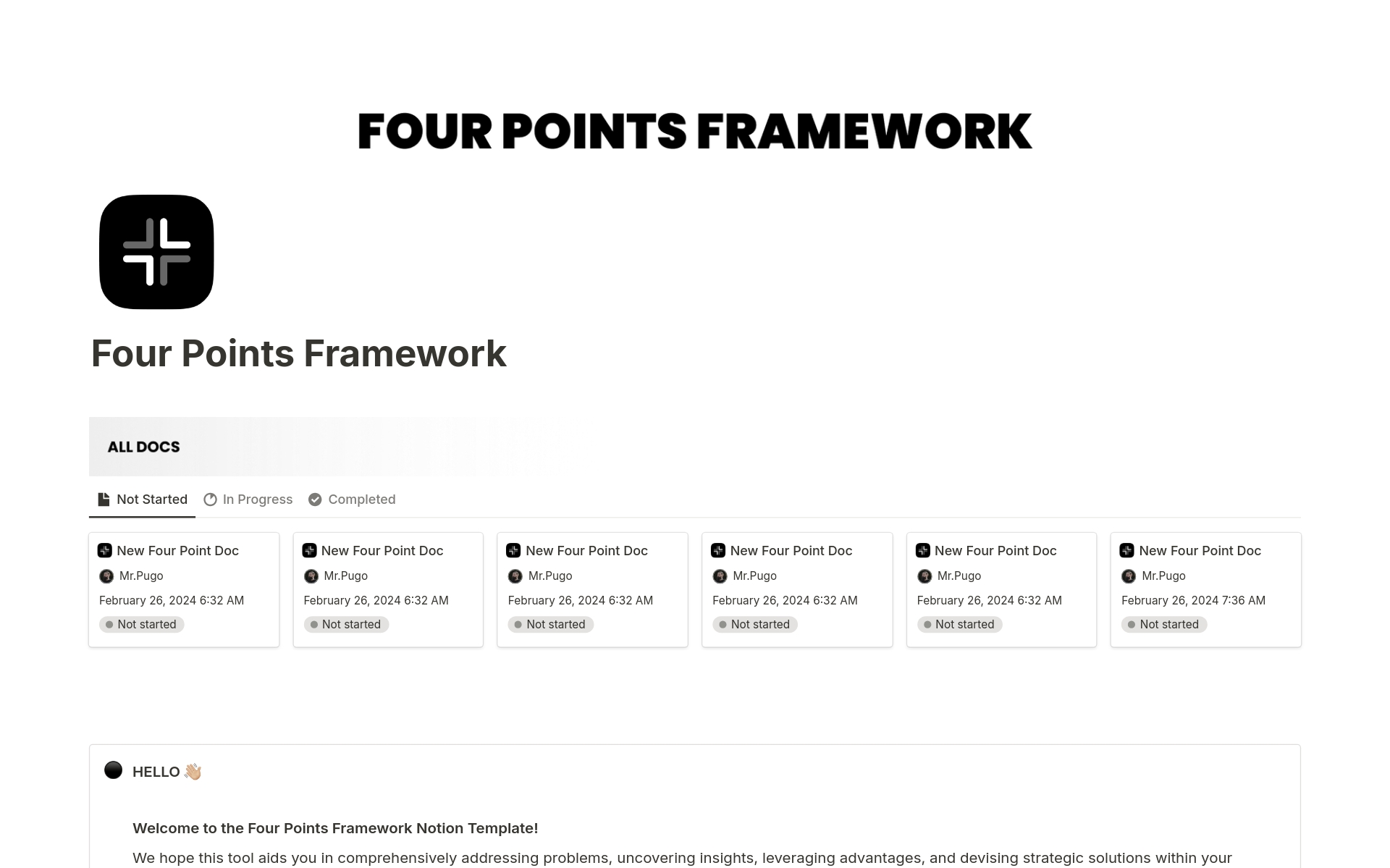 A template preview for Four Points Framework