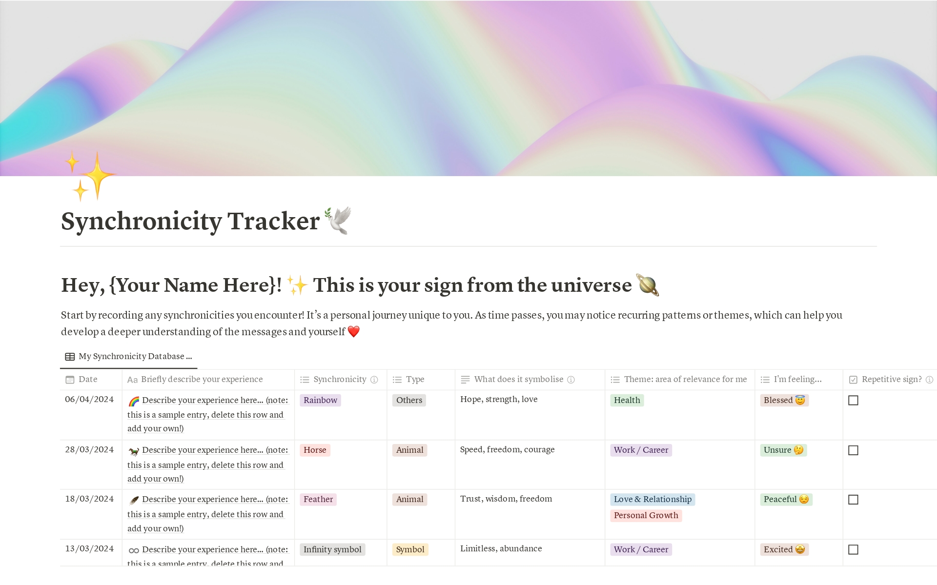 A template preview for Synchronicity Tracker Record Synchronicities