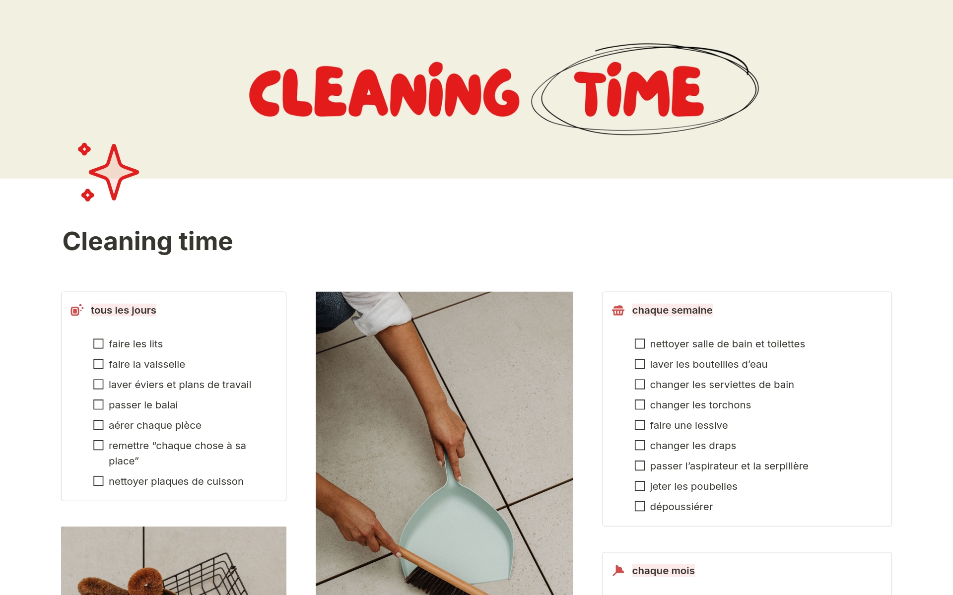 En förhandsgranskning av mallen för Cleaning time