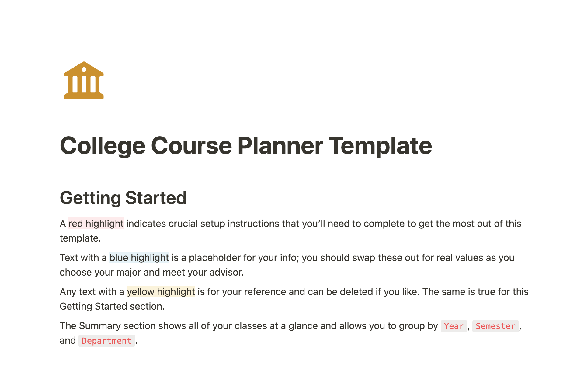 Vista previa de plantilla para College Course Planner