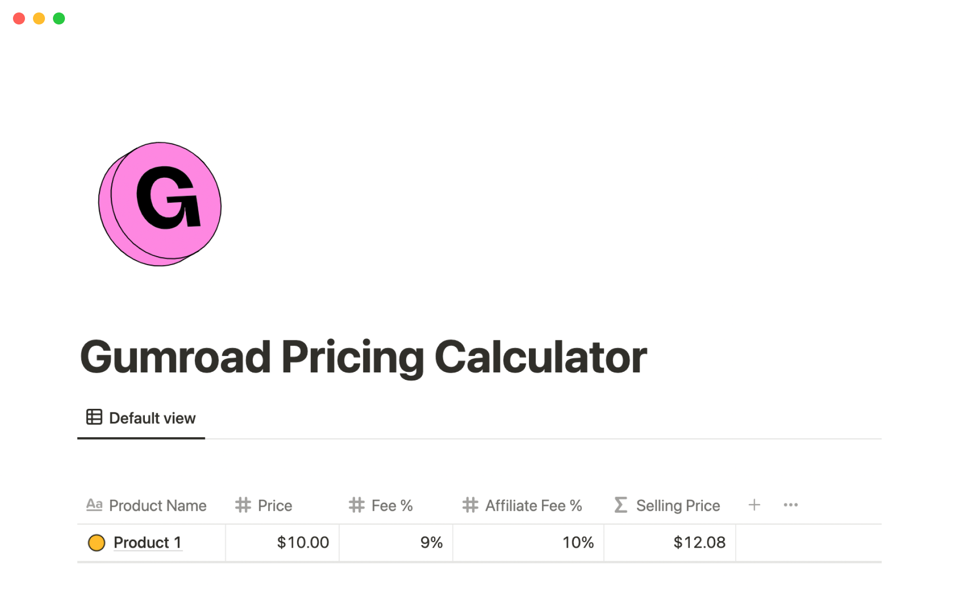 Eine Vorlagenvorschau für Gumroad pricing calculator