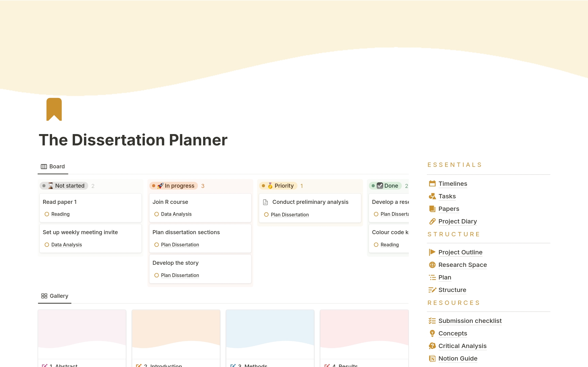 En forhåndsvisning av mal for The Dissertation Planner