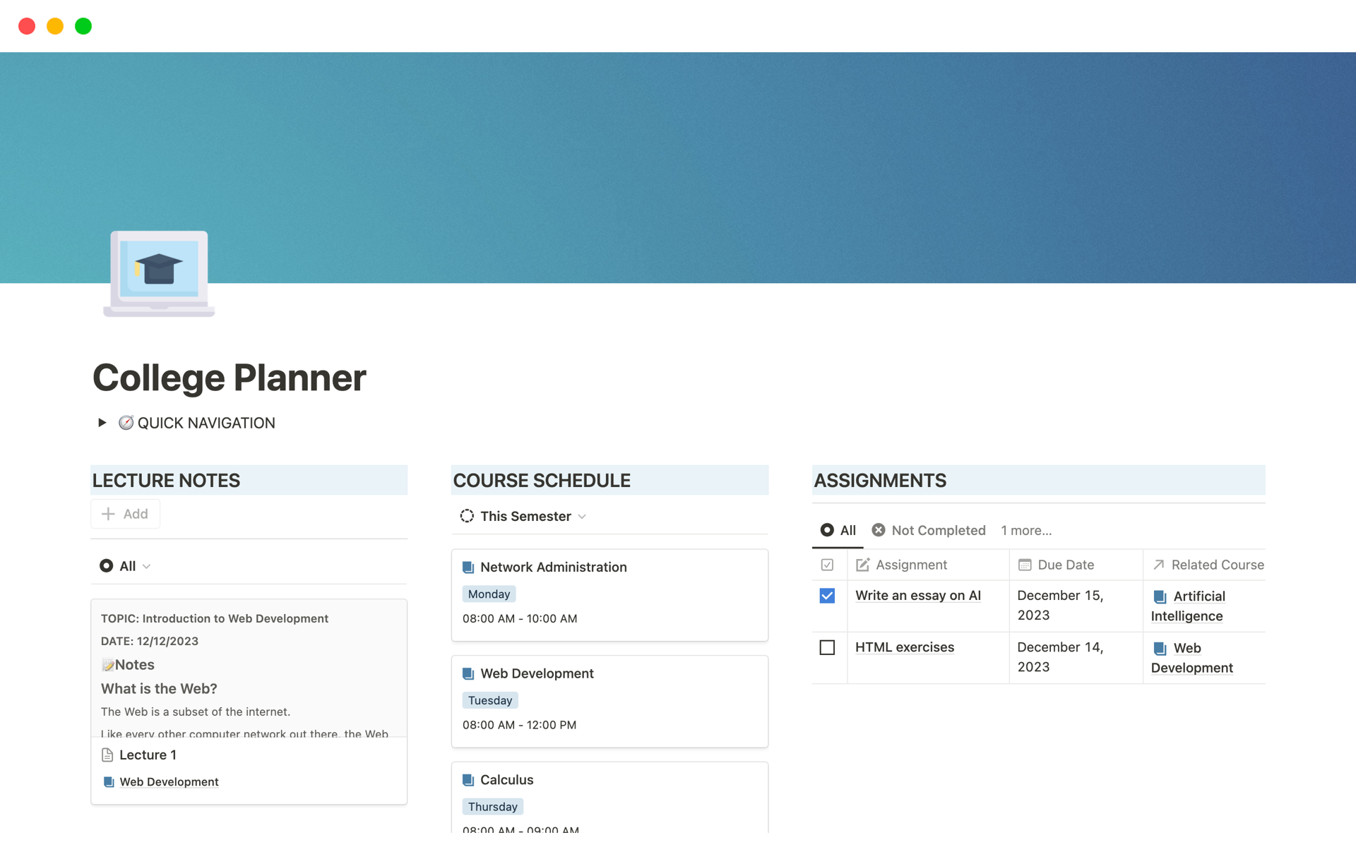 A template preview for College Planner