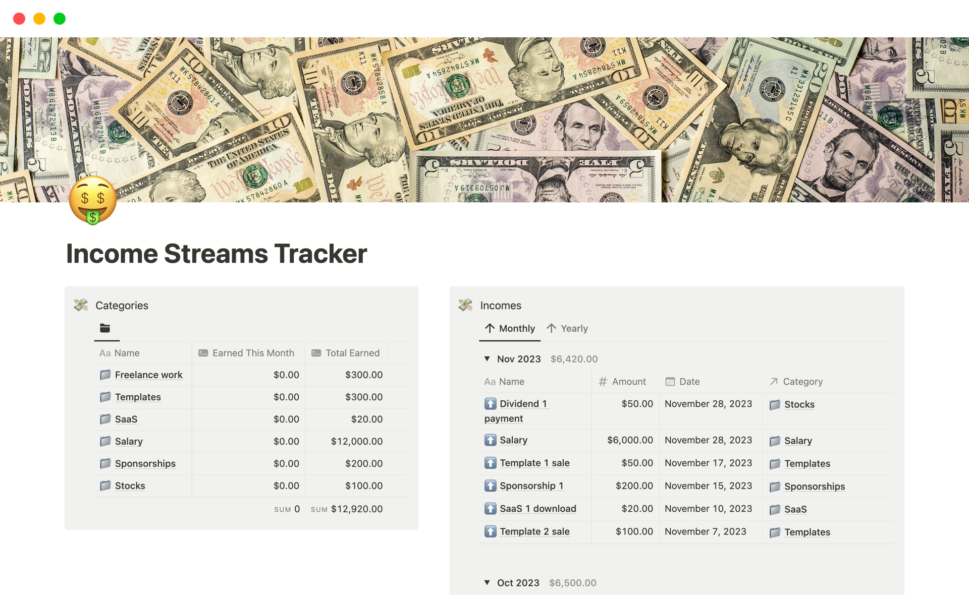 A template preview for Multiple Money Income Streams Tracker