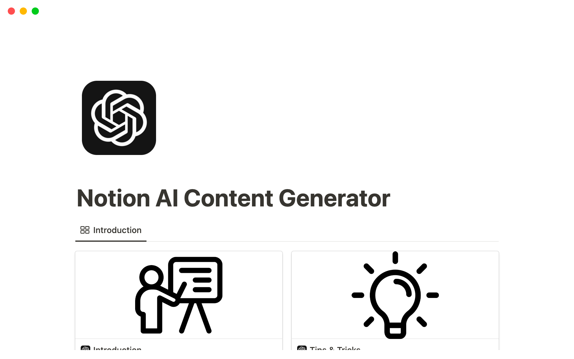 Uma prévia do modelo para Notion AI Content Generator