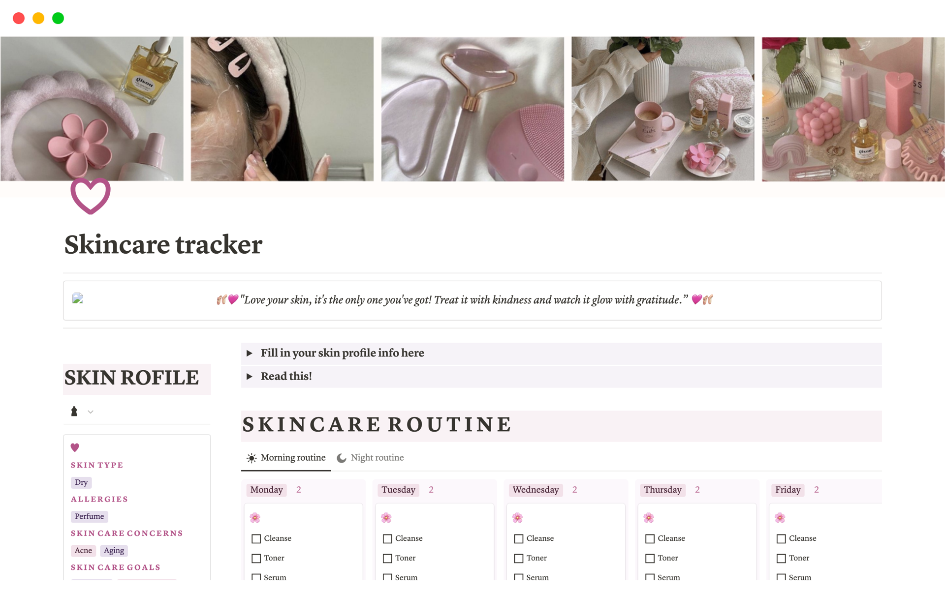 En forhåndsvisning av mal for Skincare tracker